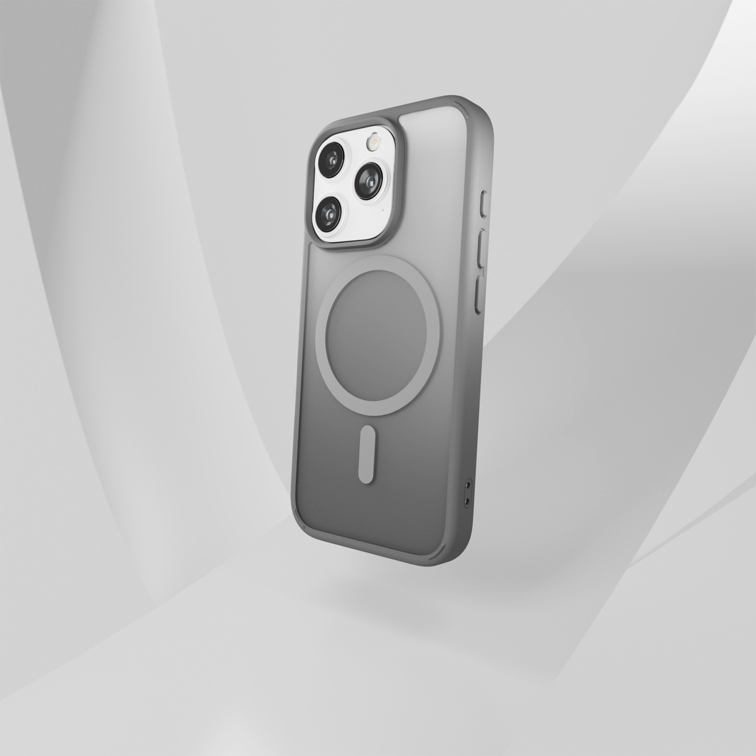 Una custodia grigia per telefono con retro trasparente galleggia. La custodia ha un MagSafe circolare e un ritaglio per la fotocamera. Sfondo bianco.