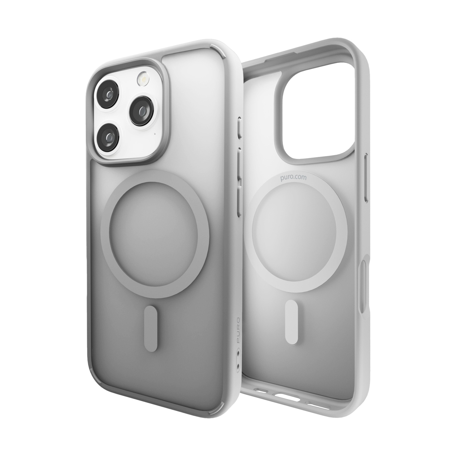 Due custodie trasparenti per telefono, una con telefono dentro e una separata. Entrambe grigio chiaro su sfondo bianco.