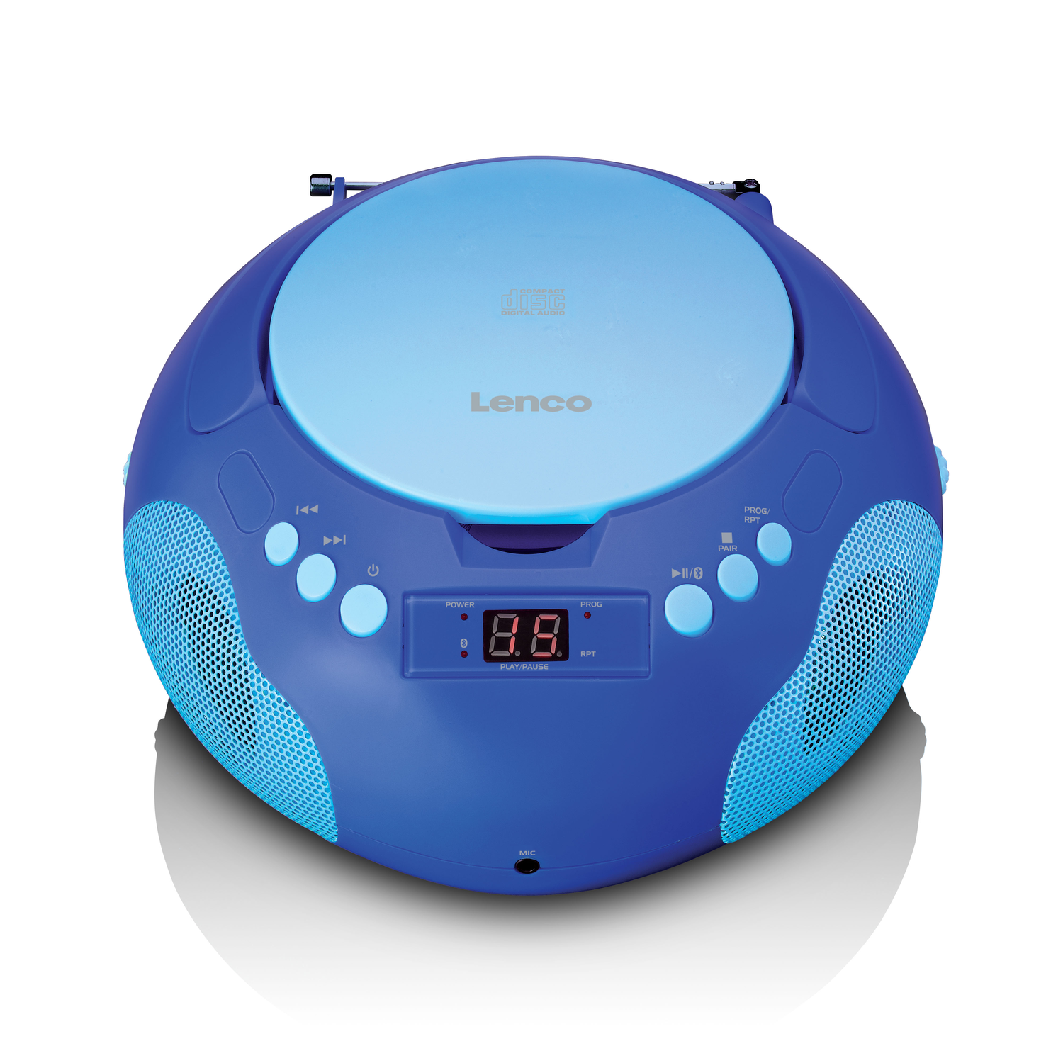 Blue and light blue Lenco CD player. Features include buttons, speakers, and a digital display. It is on a white surface.