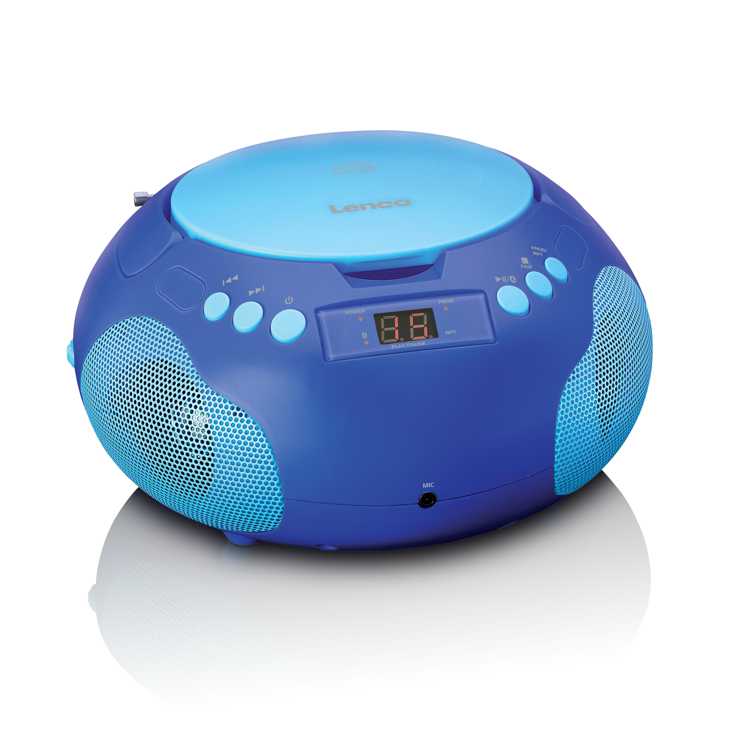 A blue and light blue Lenco CD player with a digital display and speakers. It is on a white surface.