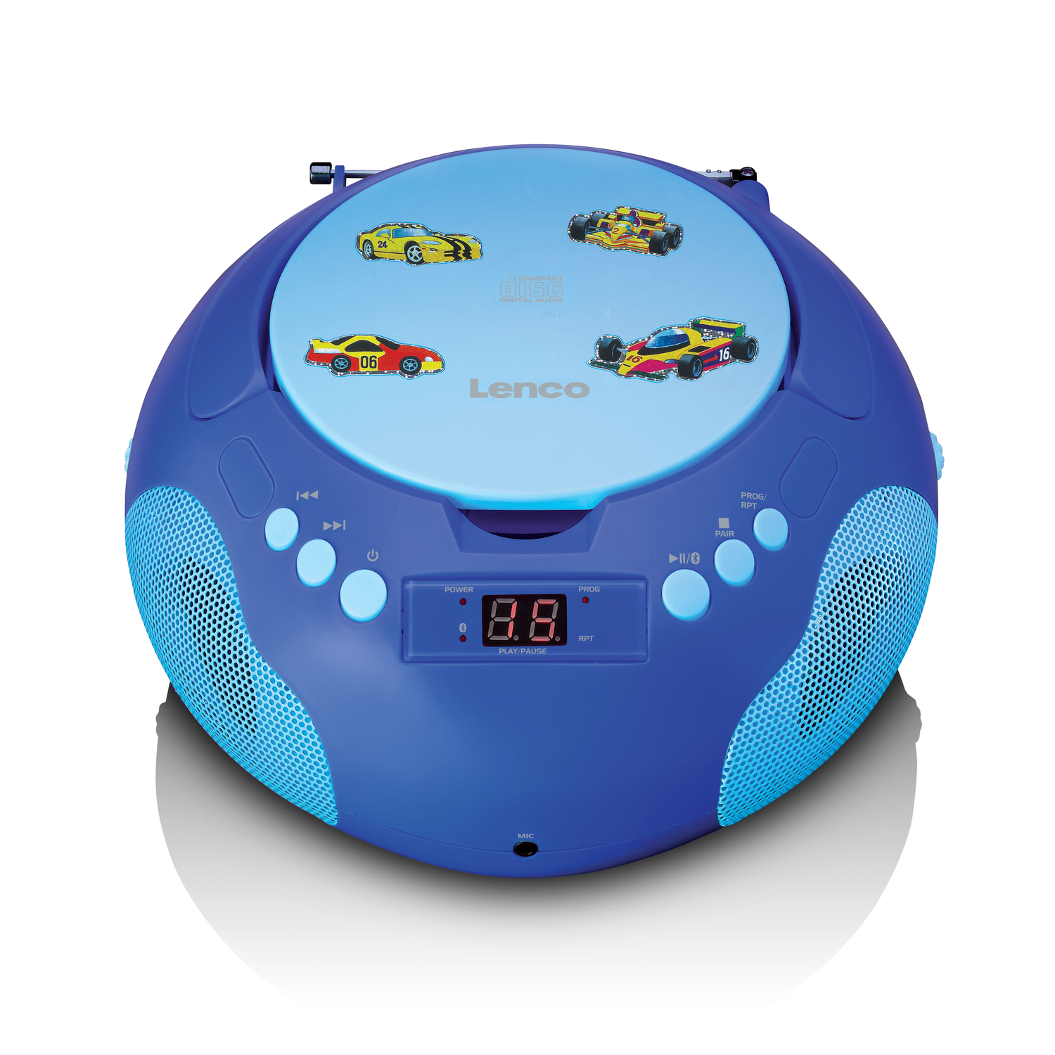 Blue Lenco CD player with race car stickers on the lid. Digital display shows '8.8'. Speakers on either side.