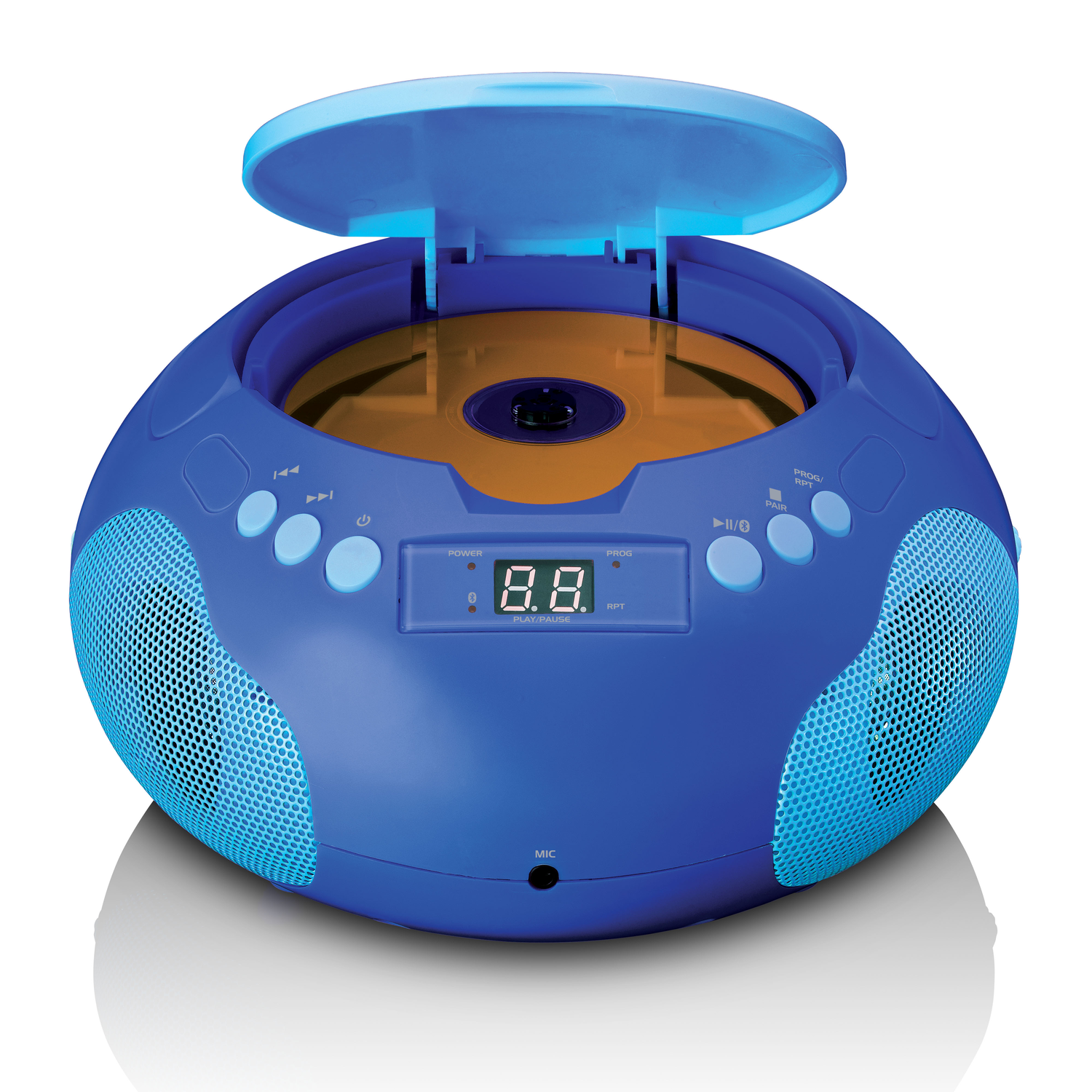 Blue portable CD player with open lid. A CD inside, digital display, and speaker grills. Buttons visible. White background.