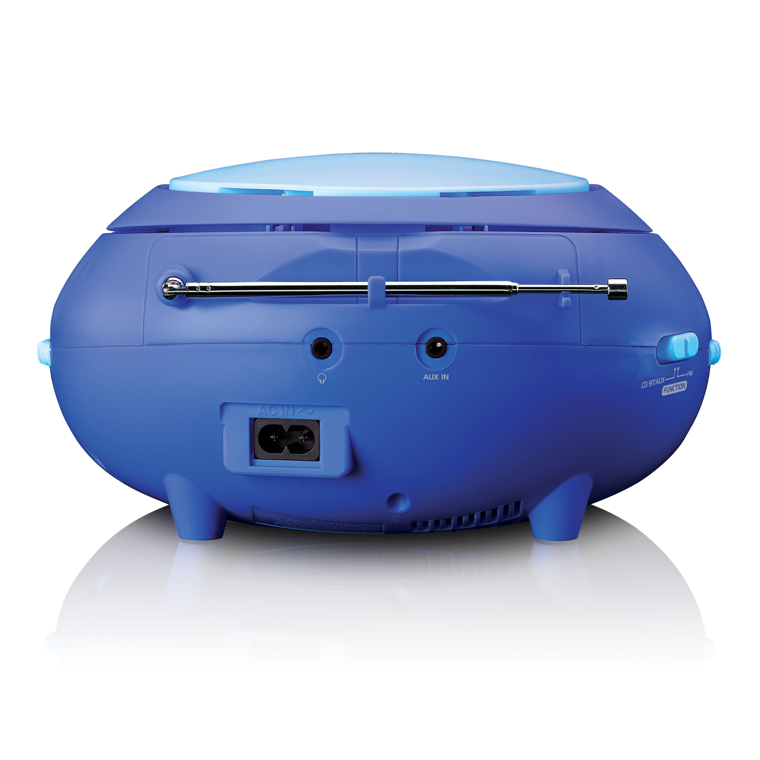 A blue, oval-shaped boombox with a light blue top and antenna. It has buttons and ports labeled AUX IN, and AC IN.