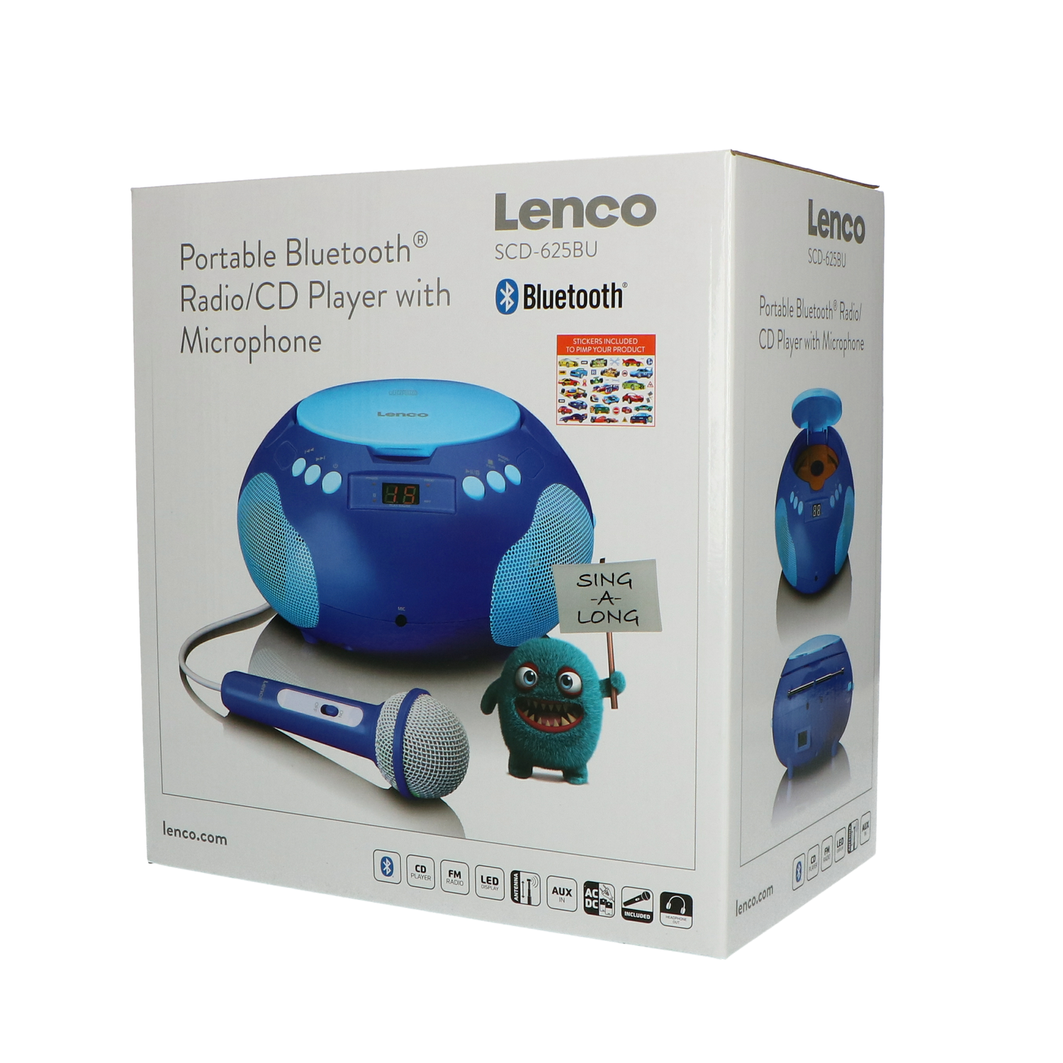 Box displays a blue Lenco radio/CD player with microphone. A cartoon monster holds a sign. Stickers are included.