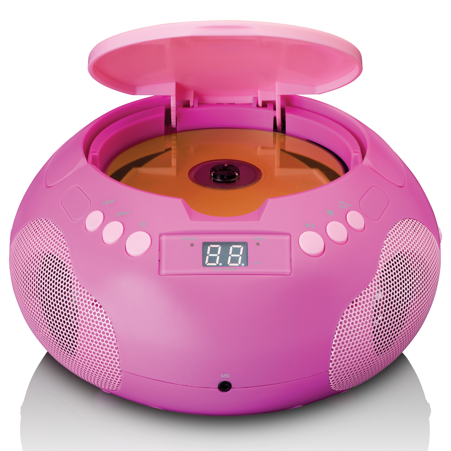 Pink CD player with open lid. A CD is inside. It has buttons and speakers.