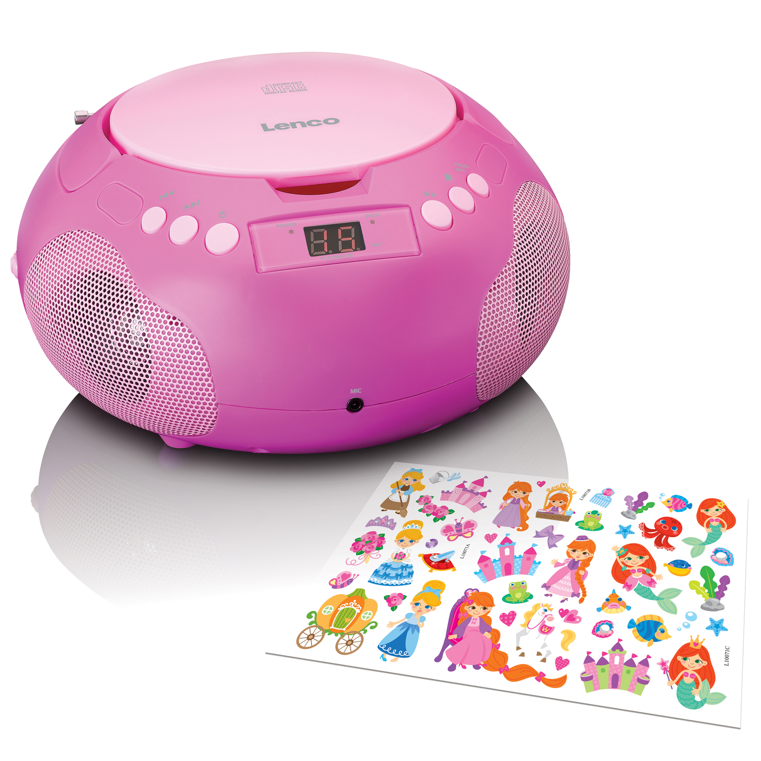 A pink Lenco CD player and a sheet of princess stickers are on a white surface. The player has a digital display.