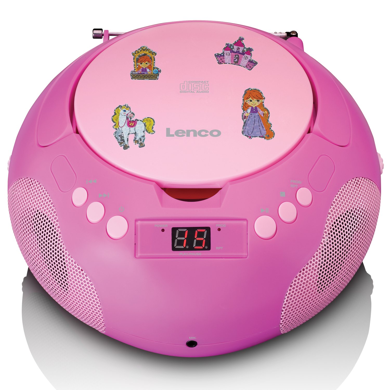 Pink Lenco CD player with princess stickers. Features buttons, display, and speaker grilles.