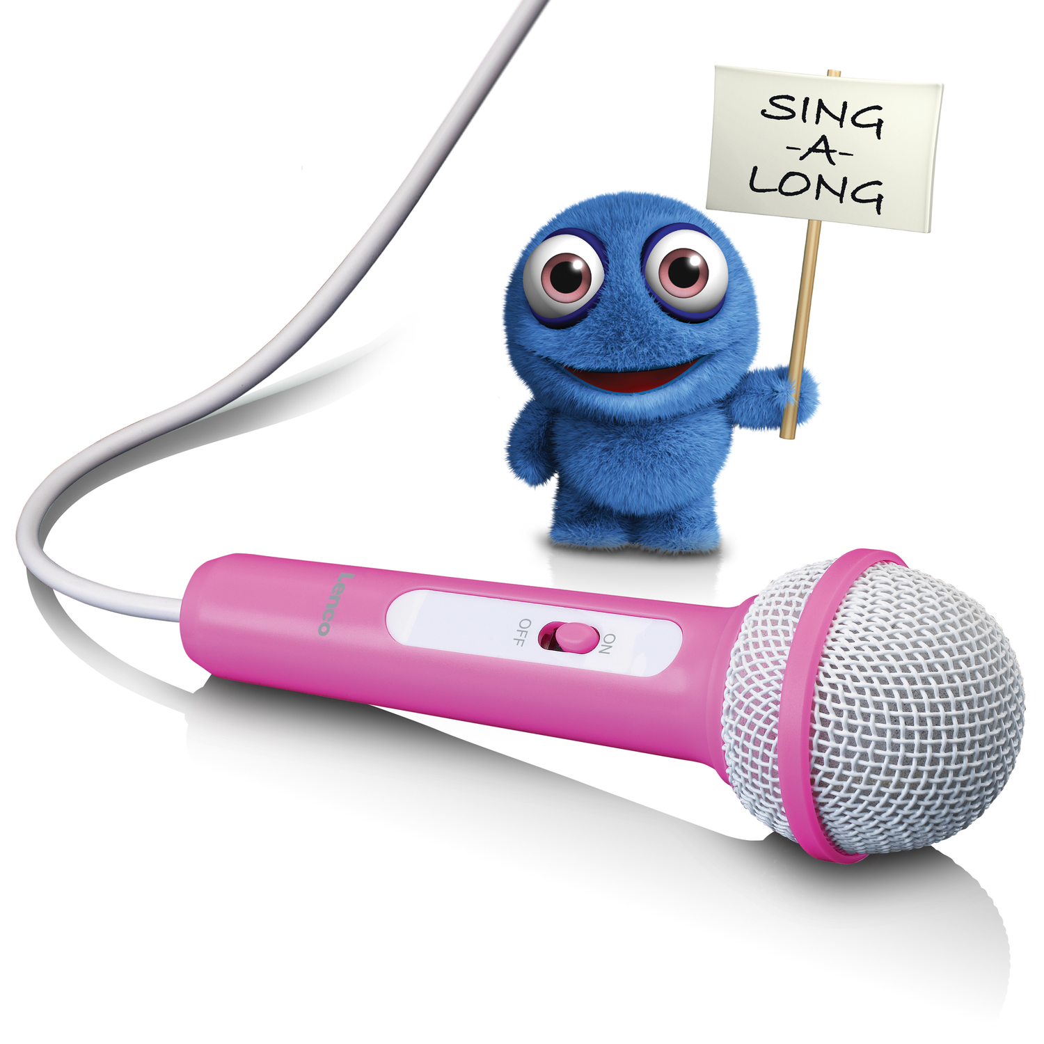 A pink microphone with a white head, a blue furry creature holding a sign that says 'Sing-a-long'.