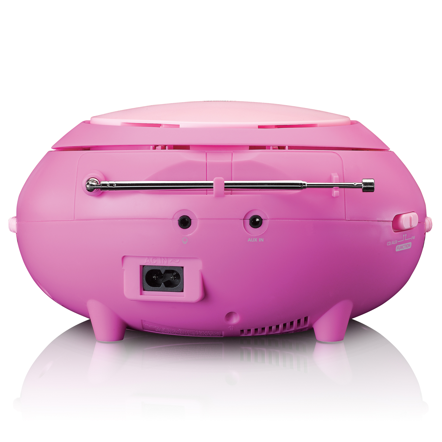 Pink retro radio with antenna, CD player, and aux input. Features a glossy finish, with a light pink top, and three small legs.