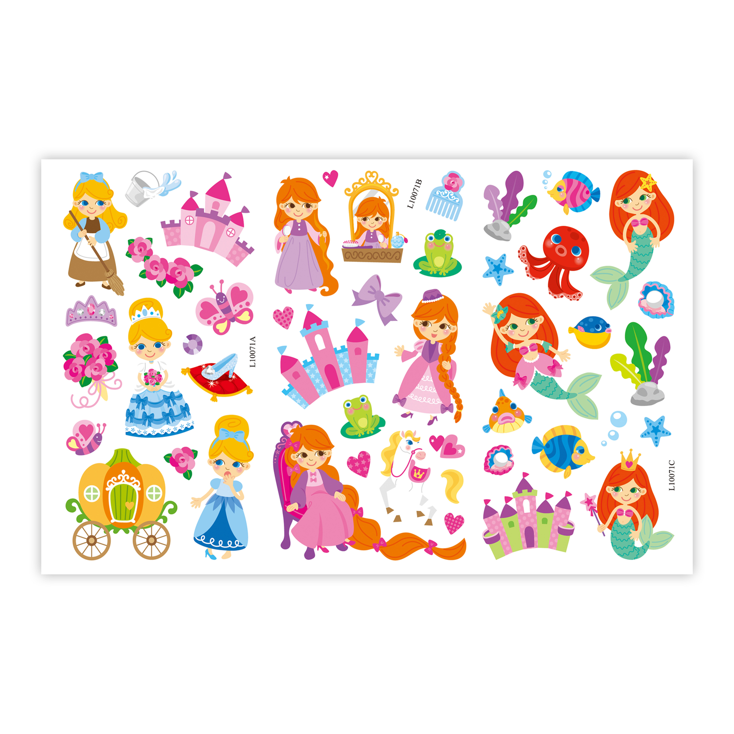 A sticker sheet with cartoon princesses, mermaids, castles, carriages, and various sea creatures on a white background.