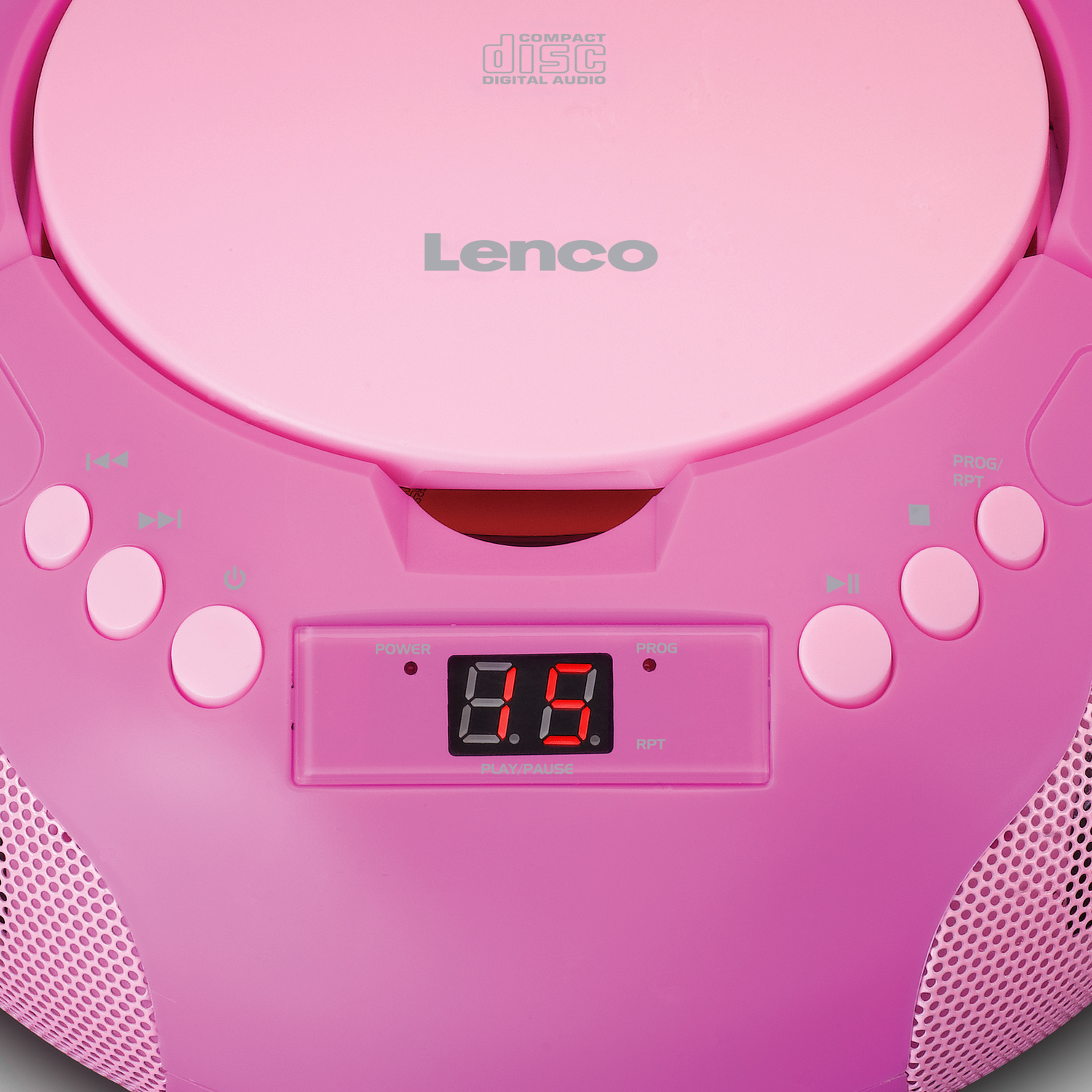 Pink Lenco CD player. Digital display shows "8.8". Buttons and a speaker grill are visible. Compact disc logo is at the top.