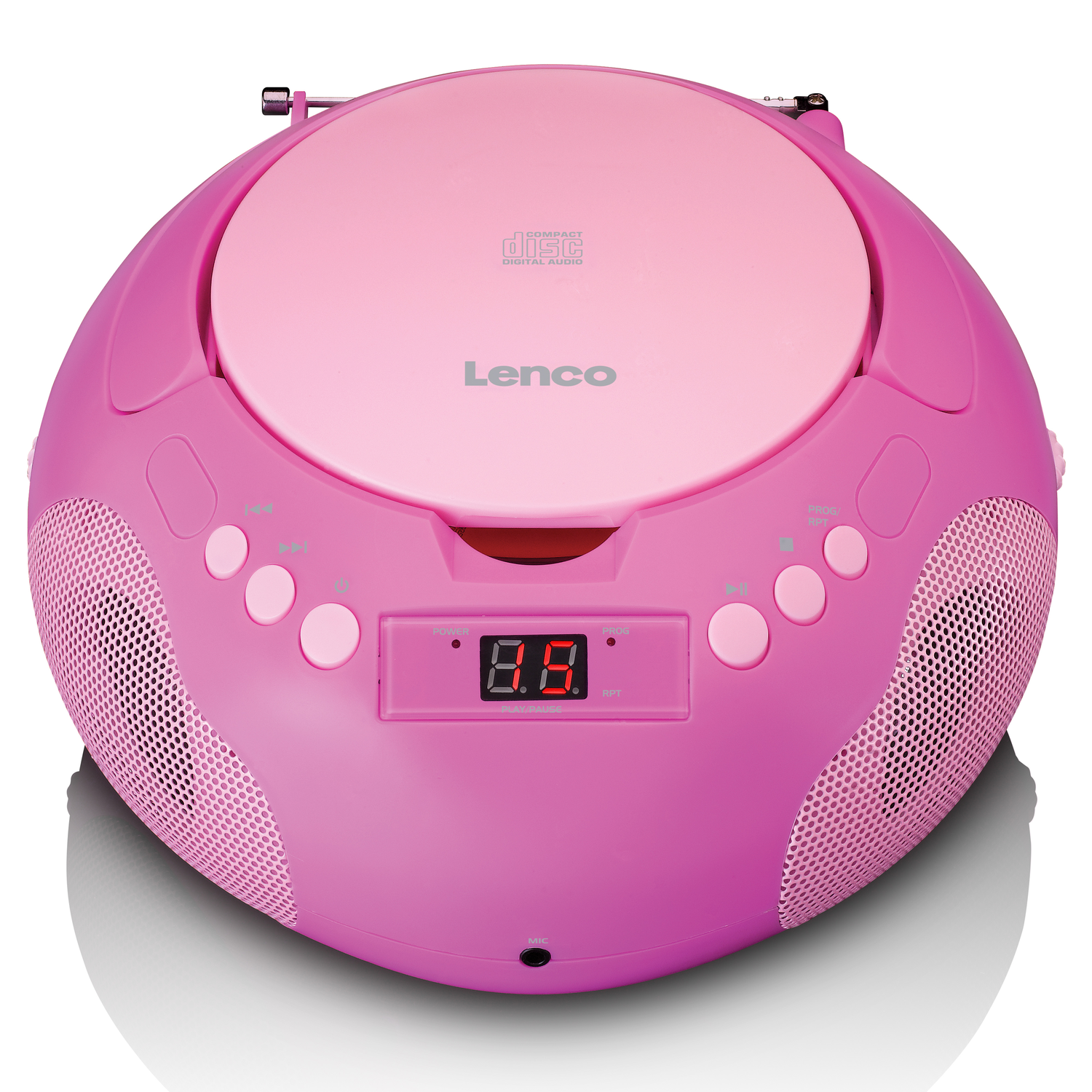 Pink Lenco CD player with digital display and speakers. Buttons and a CD slot are visible. A compact disc logo is present.