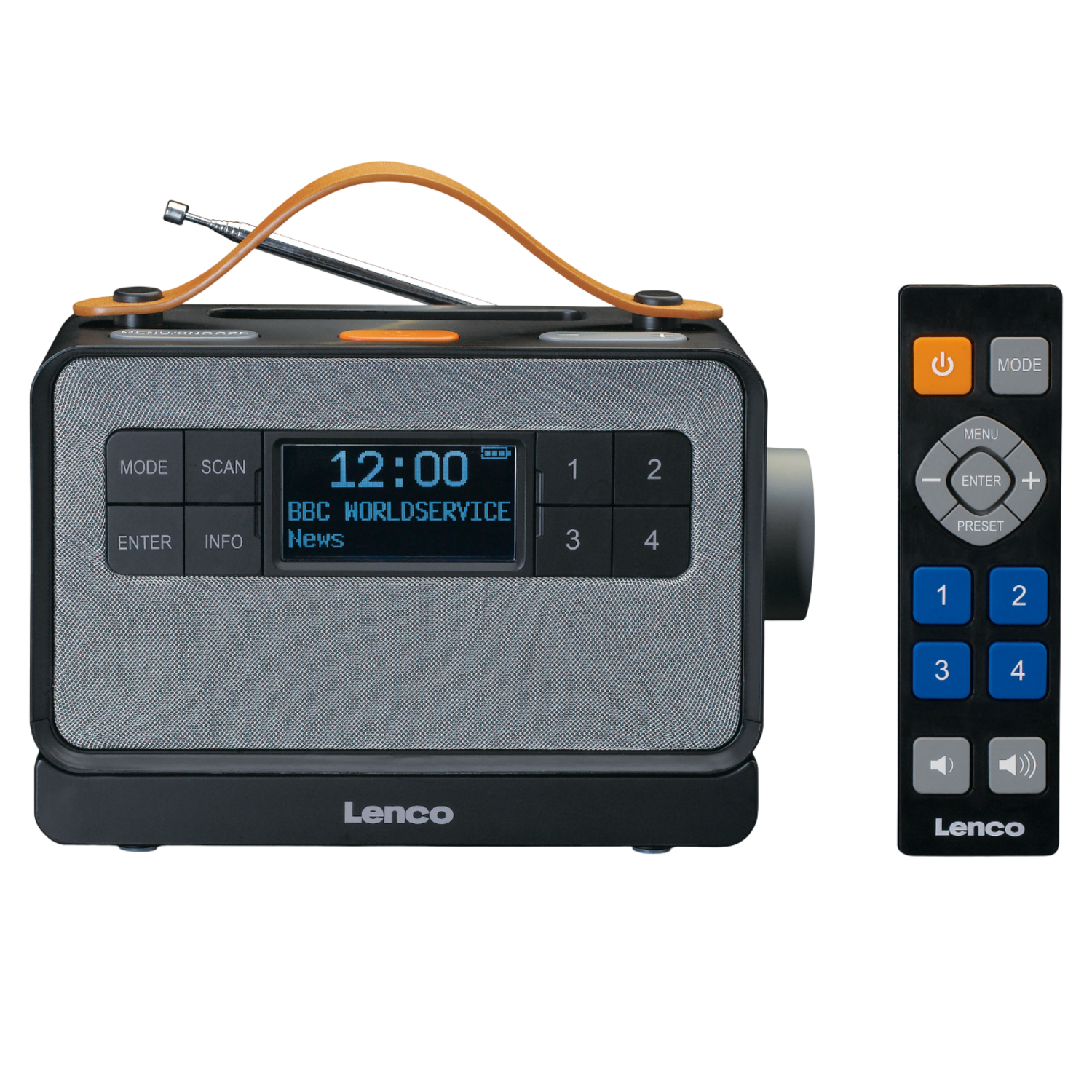 Radio Lenco noire avec poignée orange et télécommande. L'écran affiche 12:00 BBC Worldservice News. Boutons : Mode, Scan, Entrée, Info.