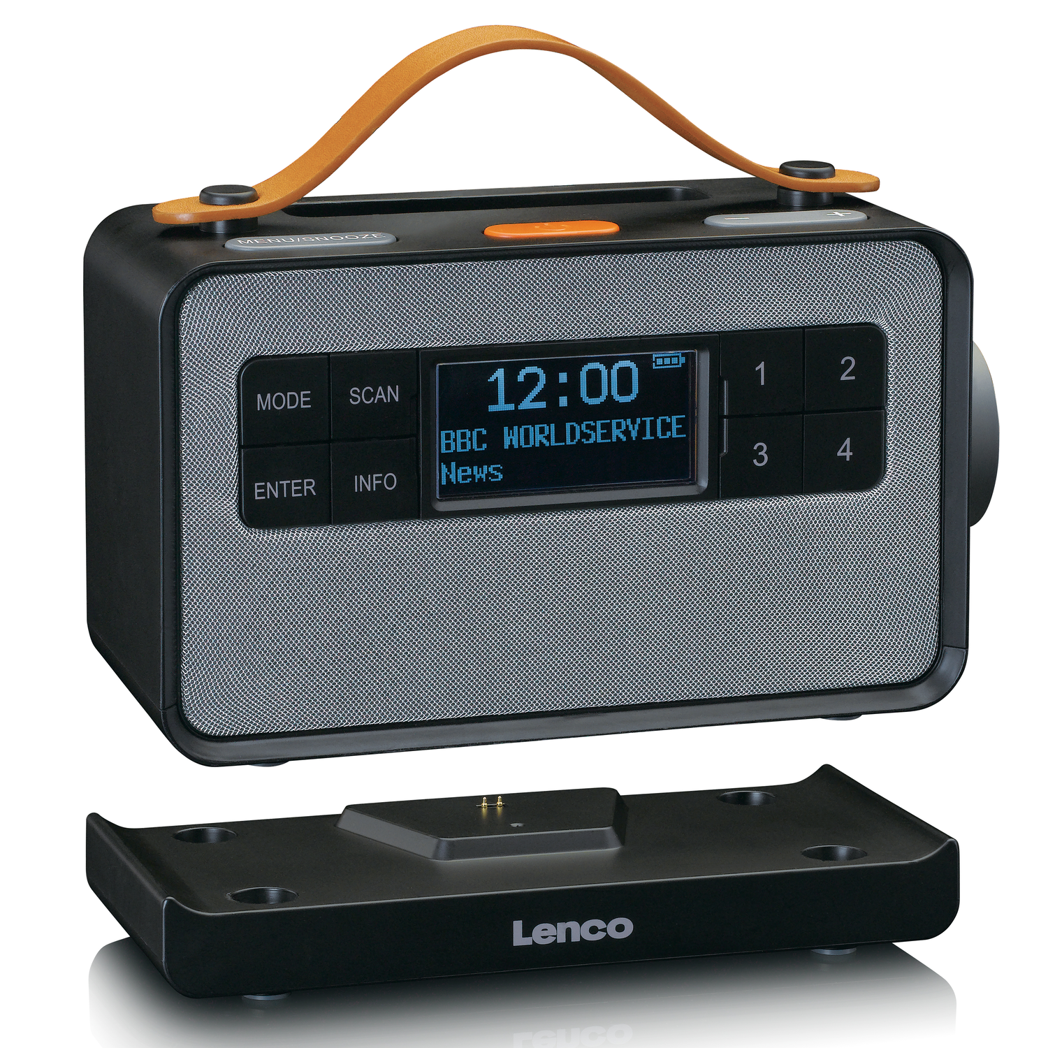 Radio Lenco noire avec poignée et écran orange, affichant l'heure et la station. Repose sur une base noire.