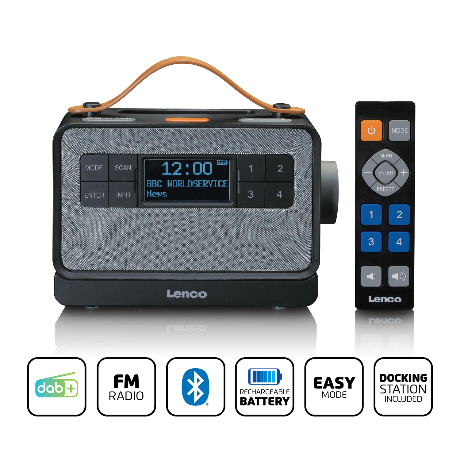 Une radio Lenco noire et grise avec une poignée, une télécommande et des icônes pour DAB+, FM, Bluetooth, batterie, mode facile et station d'accueil.
