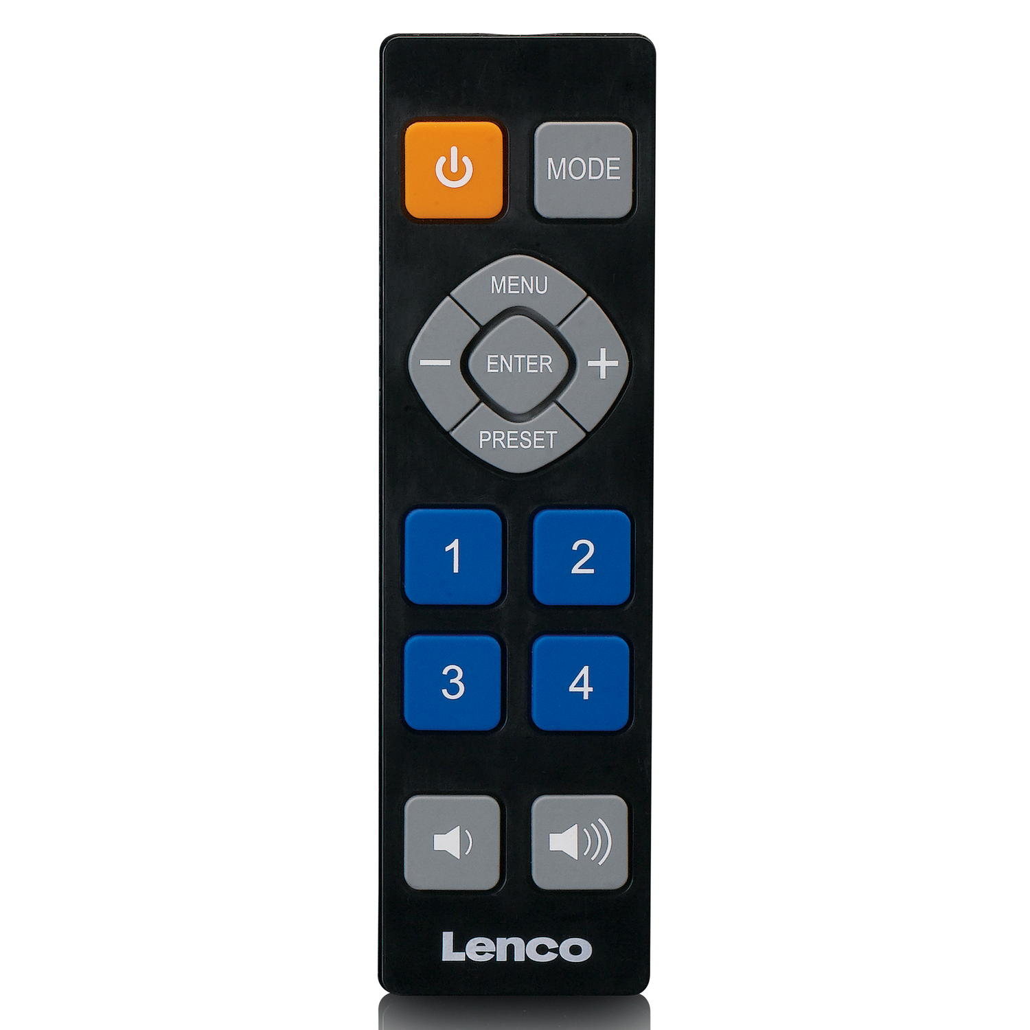 Télécommande Lenco noire avec bouton d'alimentation orange, boutons gris et boutons numériques bleus sur fond blanc.