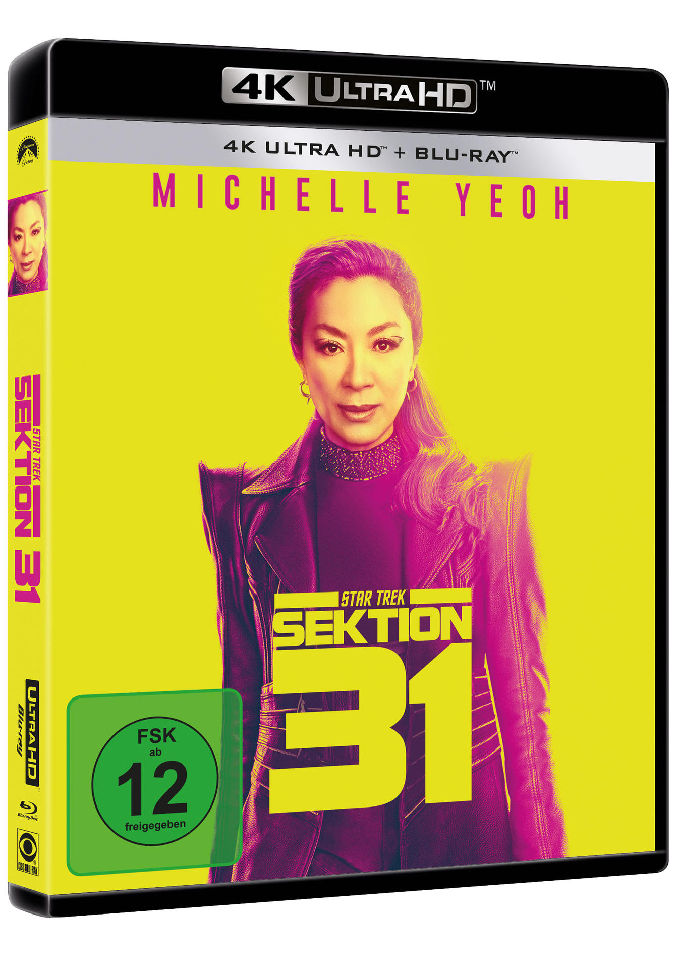 Blu-ray-Box-Art für Star Trek: Sektion 31. Michelle Yeoh wird vorgestellt. Gelbes und violettes Farbschema mit 4K Ultra HD-Branding.
