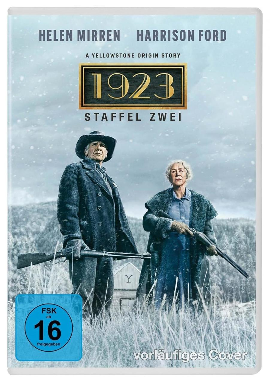 Filmcover für 1923. Helen Mirren und Harrison Ford mit Gewehren in einer schneebedeckten Szene. Titel und Bewertung sind sichtbar.