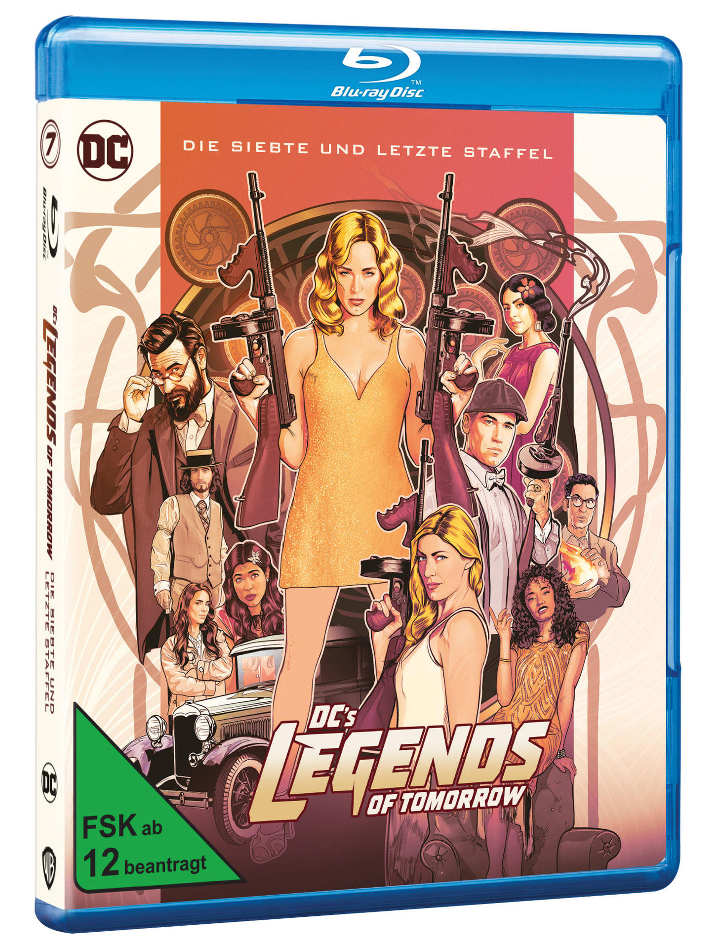 Blu-ray Cover für DCs Legends of Tomorrow, mit Charakteren mit Waffen. Text: Die Siebte und Letzte Staffel, FSK ab 12 beantragt.