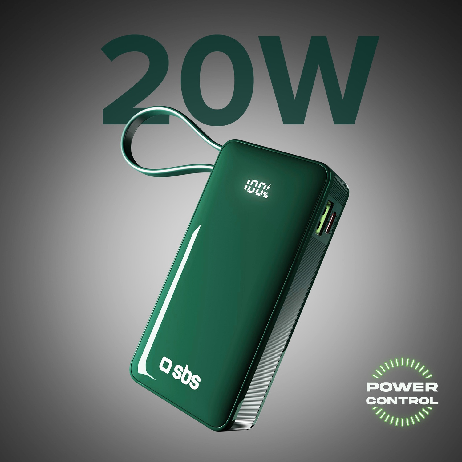 Power bank verde con testo 20W, mostra carica 100%. Il marchio è sbs e ha un'icona Power Control.