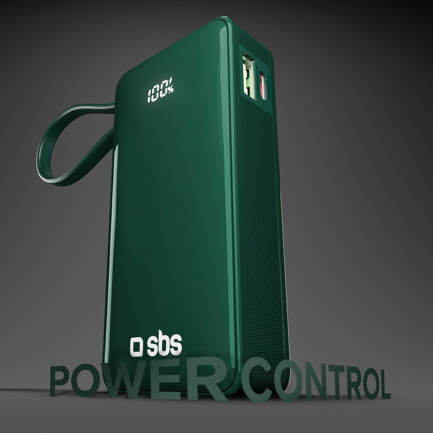Un power bank verde con display di carica al 100%. Sotto la scritta 'POWER CONTROL'. Lo sfondo è grigio.