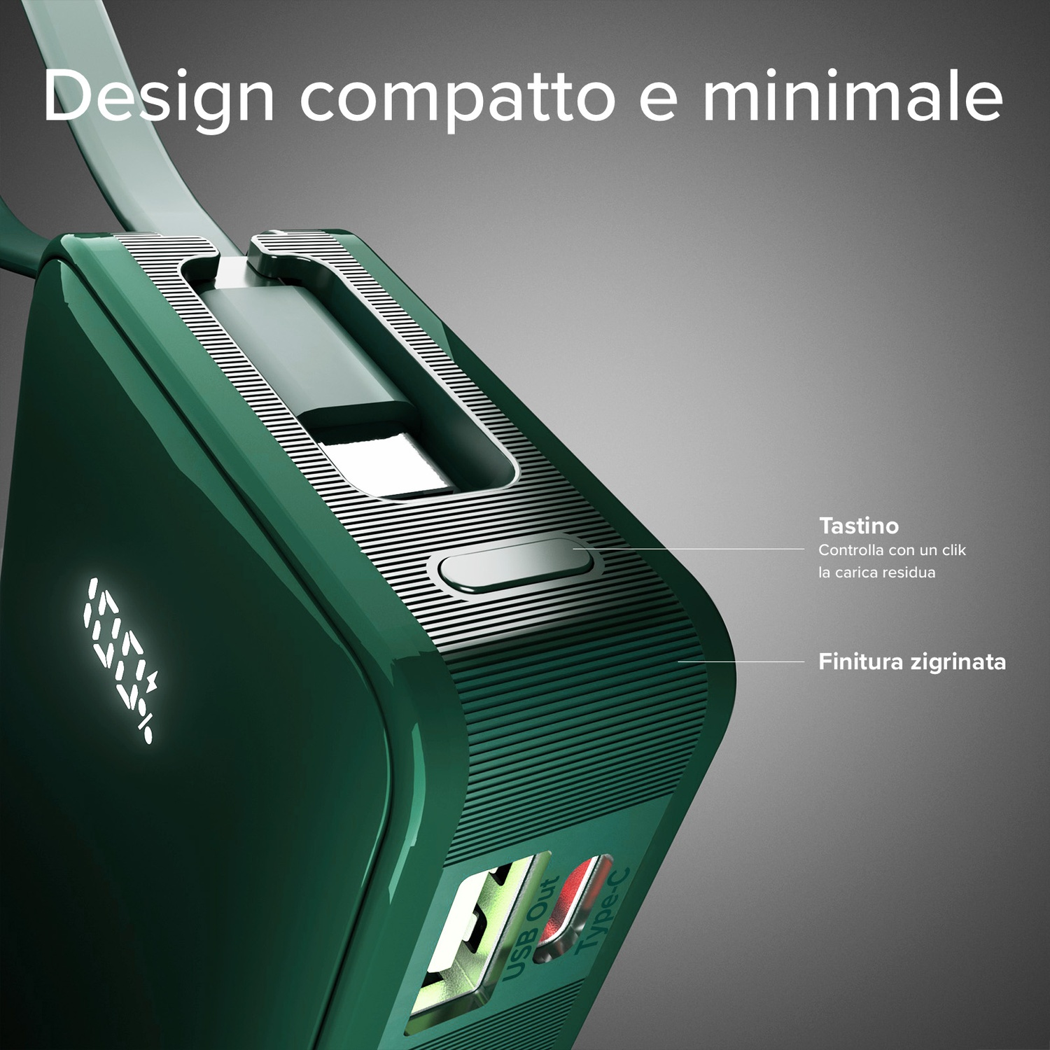 Power bank verde con display di carica. Include porte USB e Type-C. Testo: Design compatto e minimale, Tastino, Finitura zigrinata.
