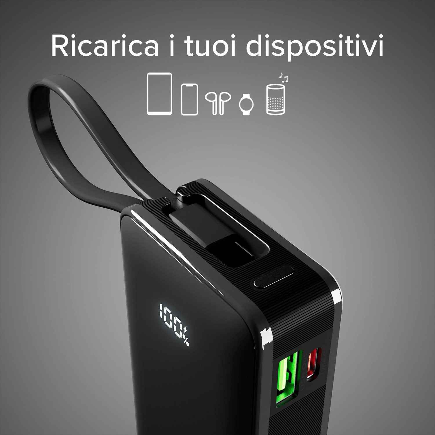 Power bank nera con display di carica al 100%, icone dei dispositivi sopra. Ha porte di ricarica con luci verdi e rosse.