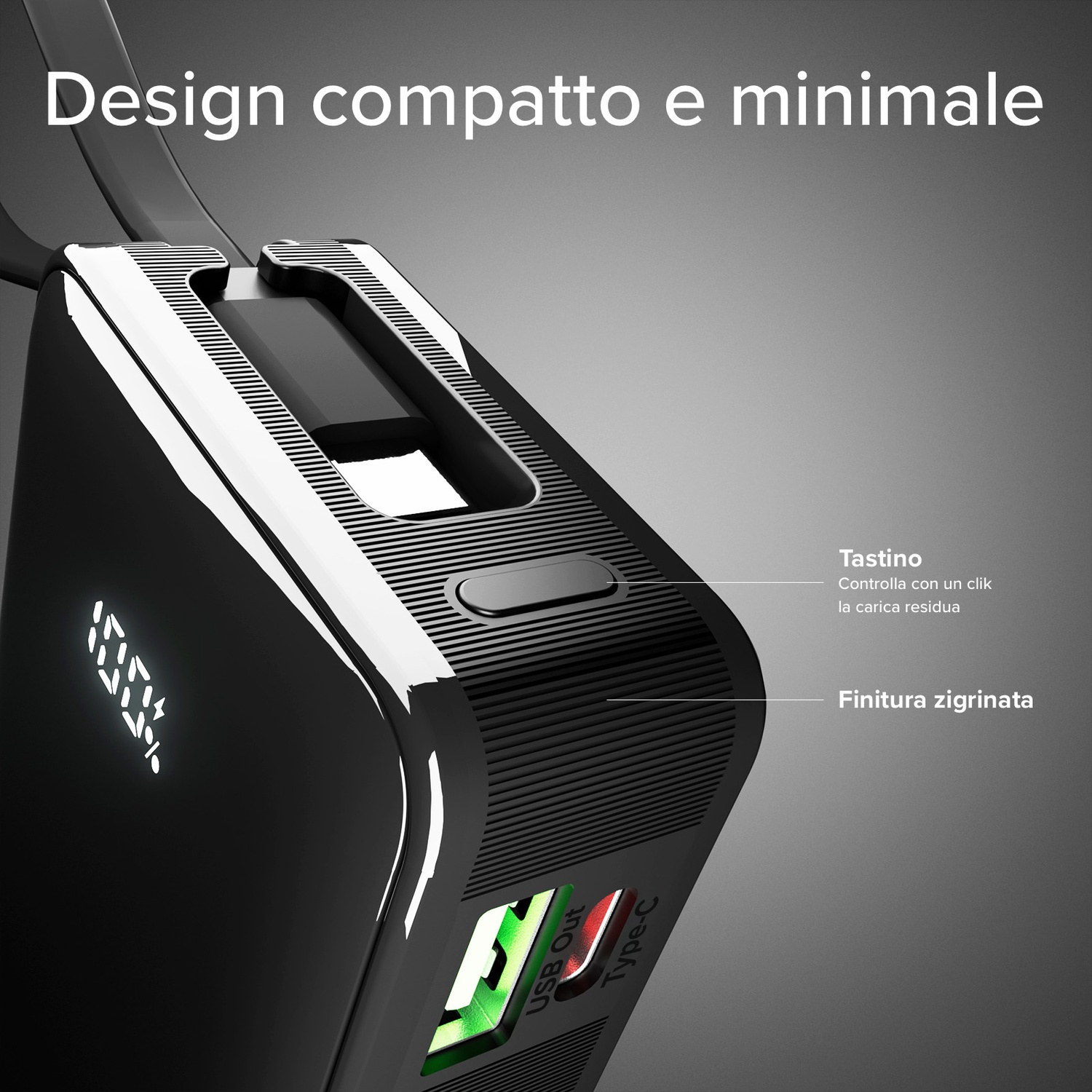 Power bank nera, con porte USB, Type-C e display digitale. Include un pulsante e finitura strutturata.