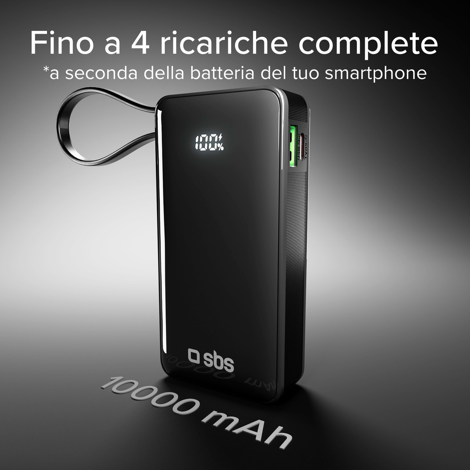 Power bank nero con display di carica al 100%. Testo: "Fino a 4 ricariche complete" e "10000 mAh".
