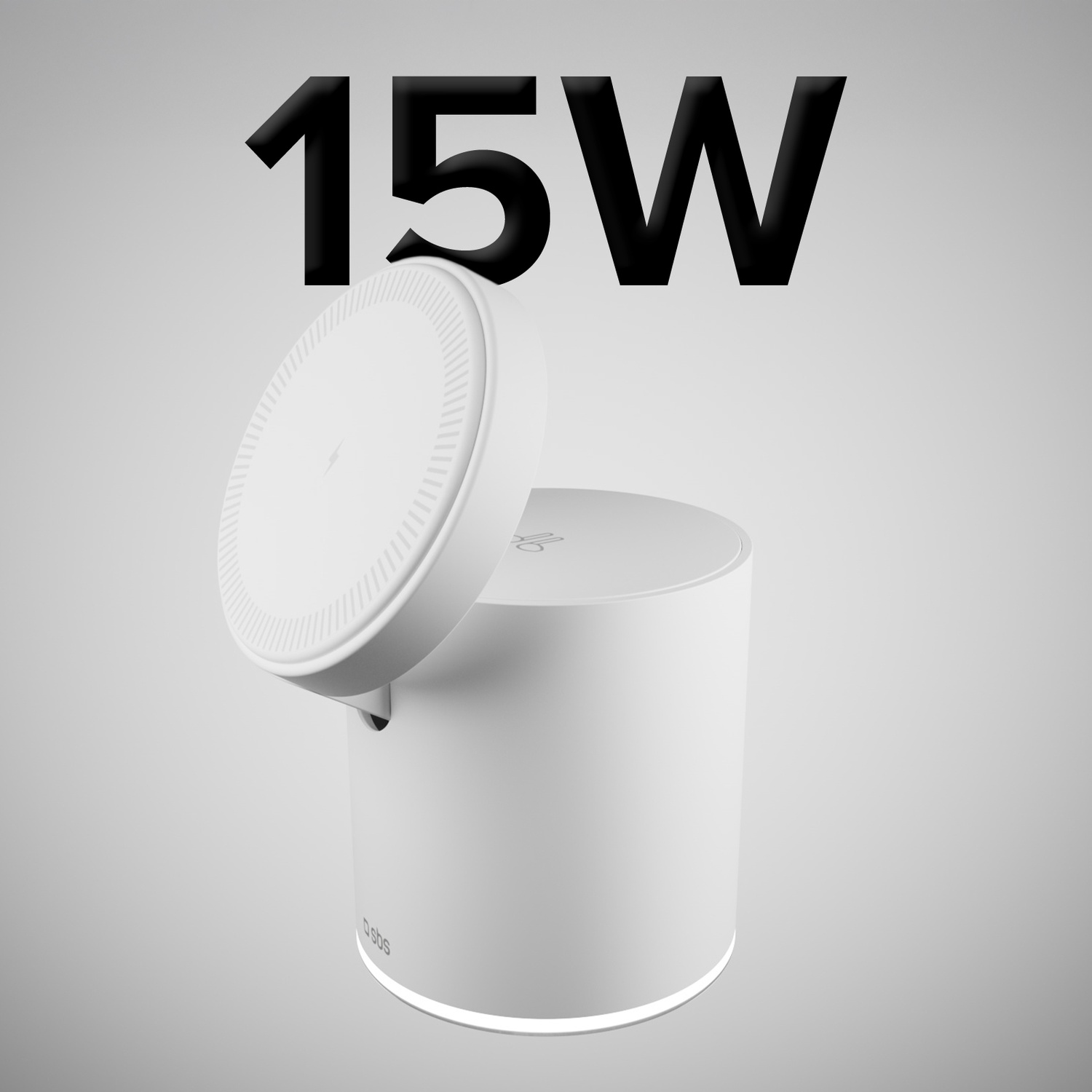 Caricabatterie wireless bianco con parte superiore rialzata, '15W' nero sullo sfondo e sfumatura grigia.