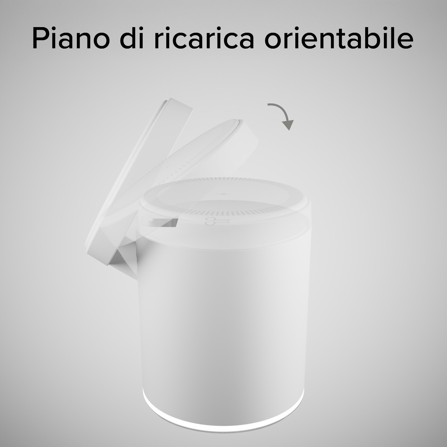 Dispositivo di ricarica cilindrico bianco con coperchio incernierato. Una freccia indica la rotazione. Testo italiano in alto.