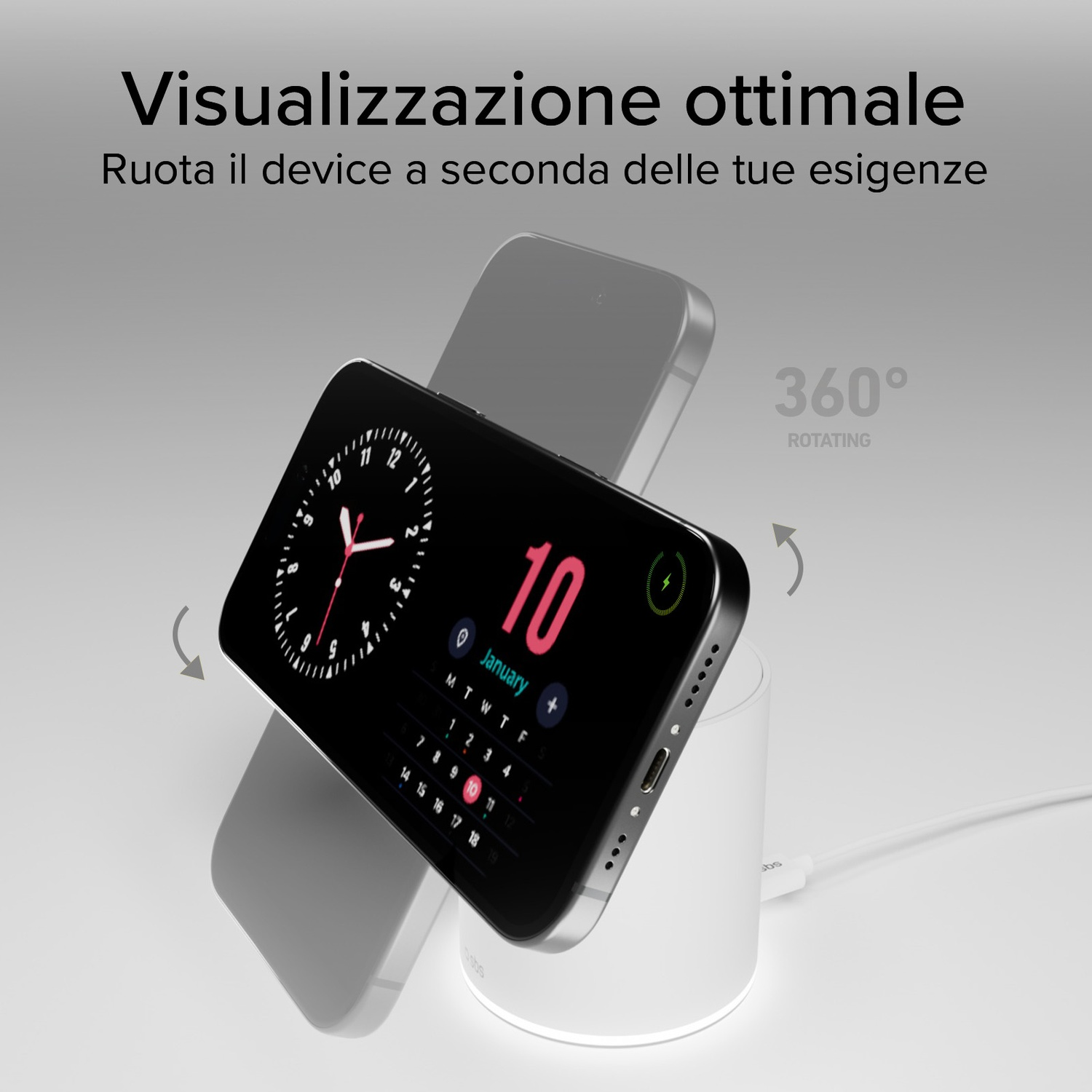 Uno smartwatch nero visualizza la data 10 gennaio su una base di ricarica bianca, ruotando di 360 gradi. Lo sfondo è bianco.