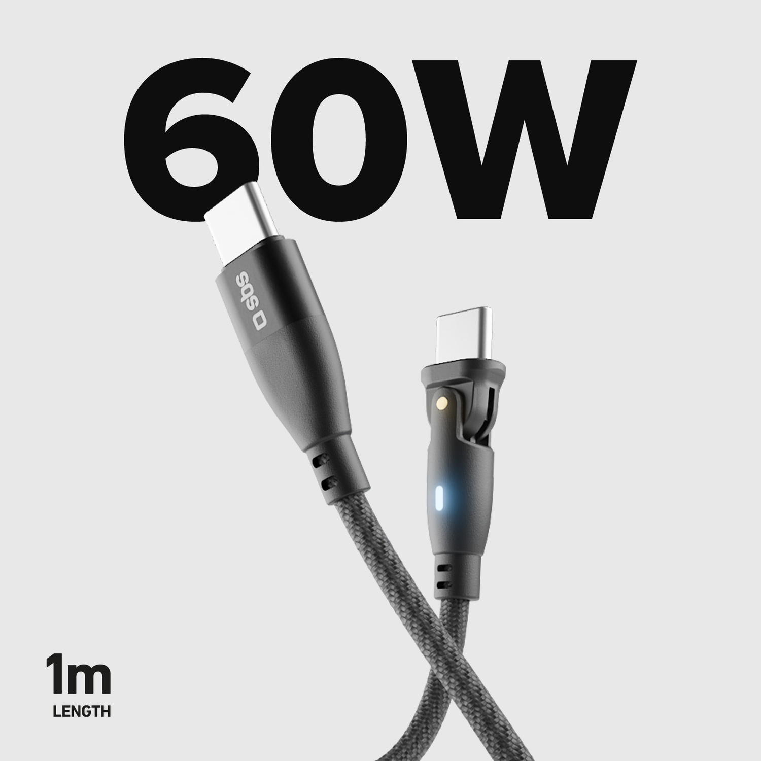 Cavo USB-C nero con 60W e testo di 1m di lunghezza su sfondo grigio chiaro.