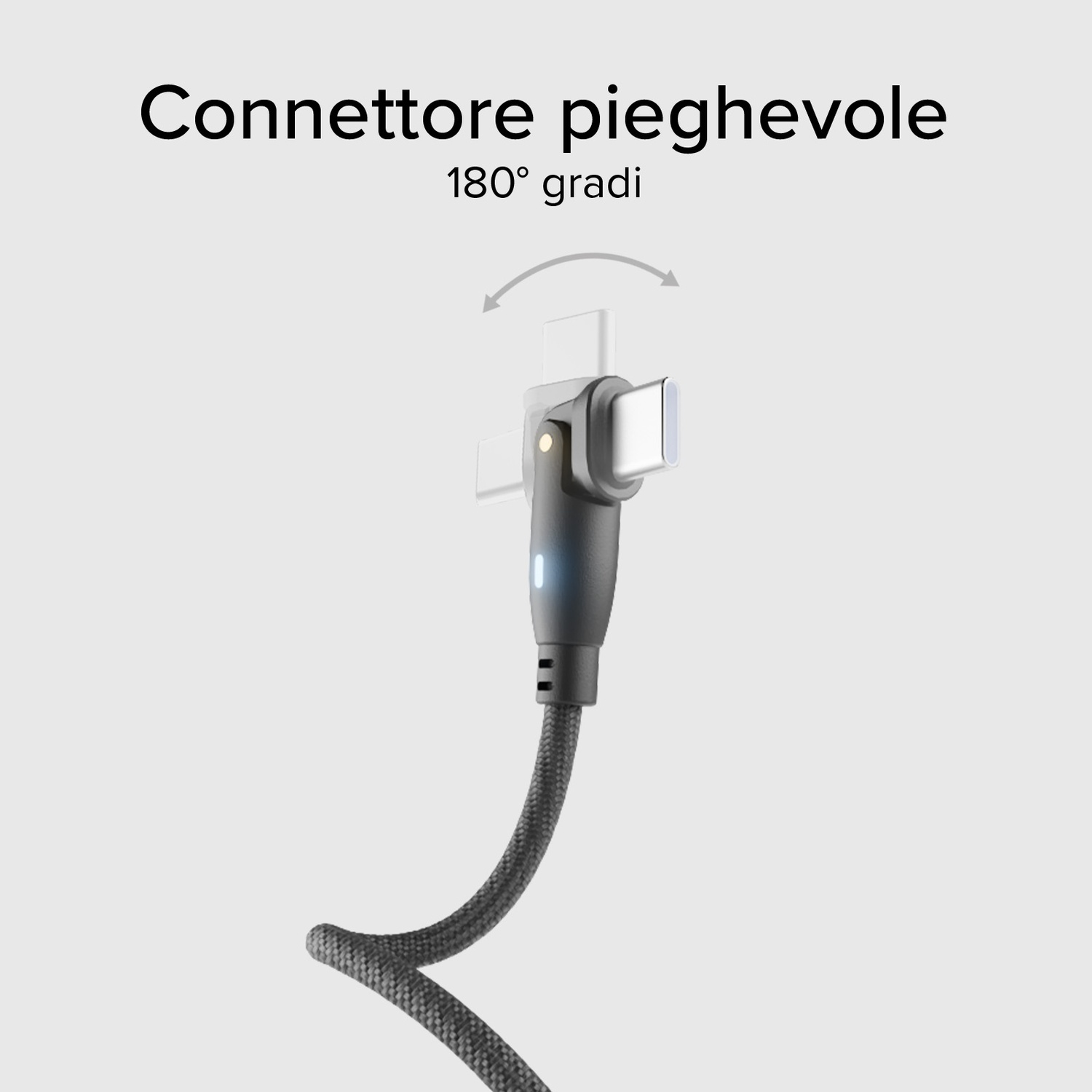 Un cavo USB-C nero con connettore pieghevole a 180 gradi su sfondo bianco.