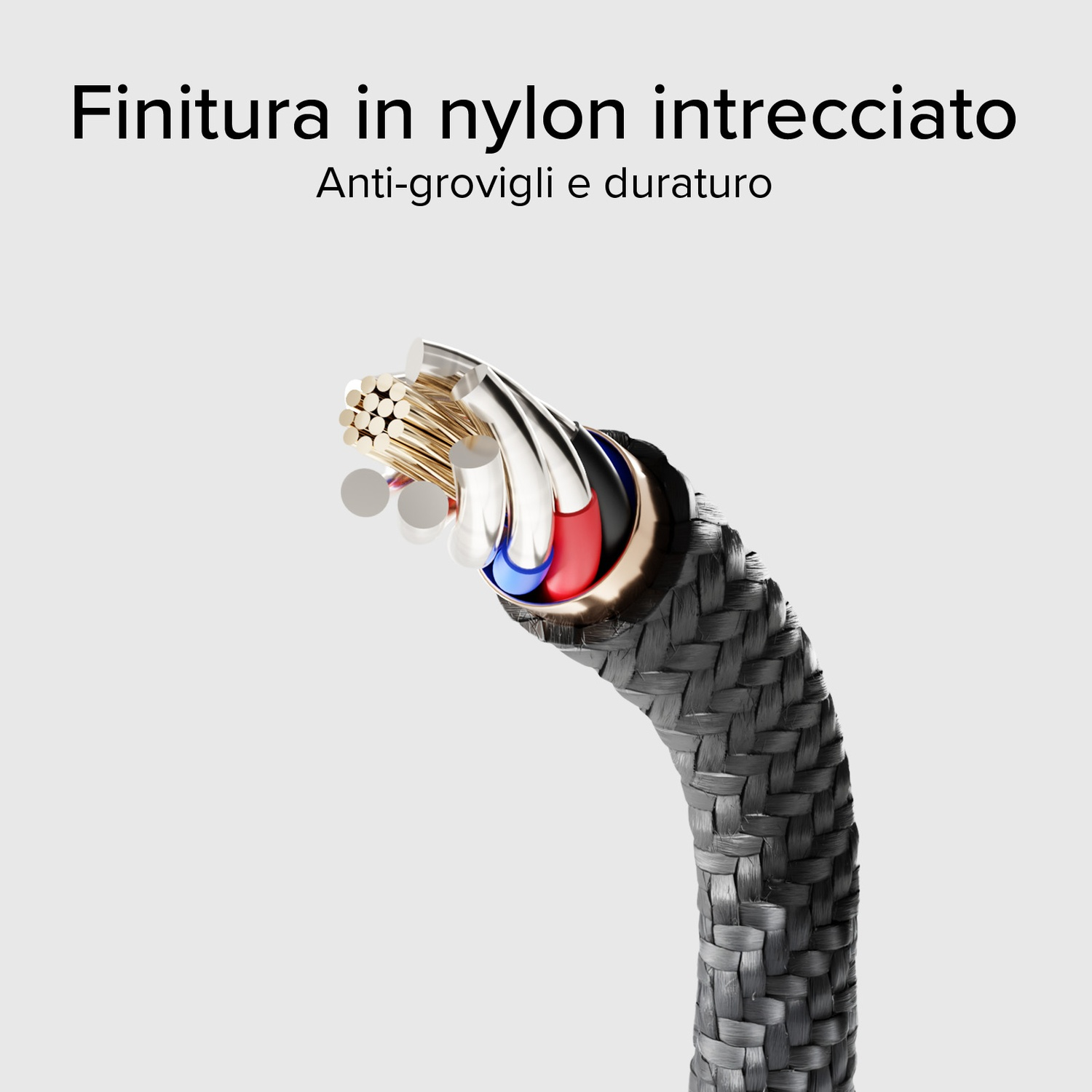 Cavo in nylon intrecciato. Fili interni visibili: rame, rosso, blu, nero. Testo: 'Finutura in nylon intrecciato', anti-groviglio, durevole.
