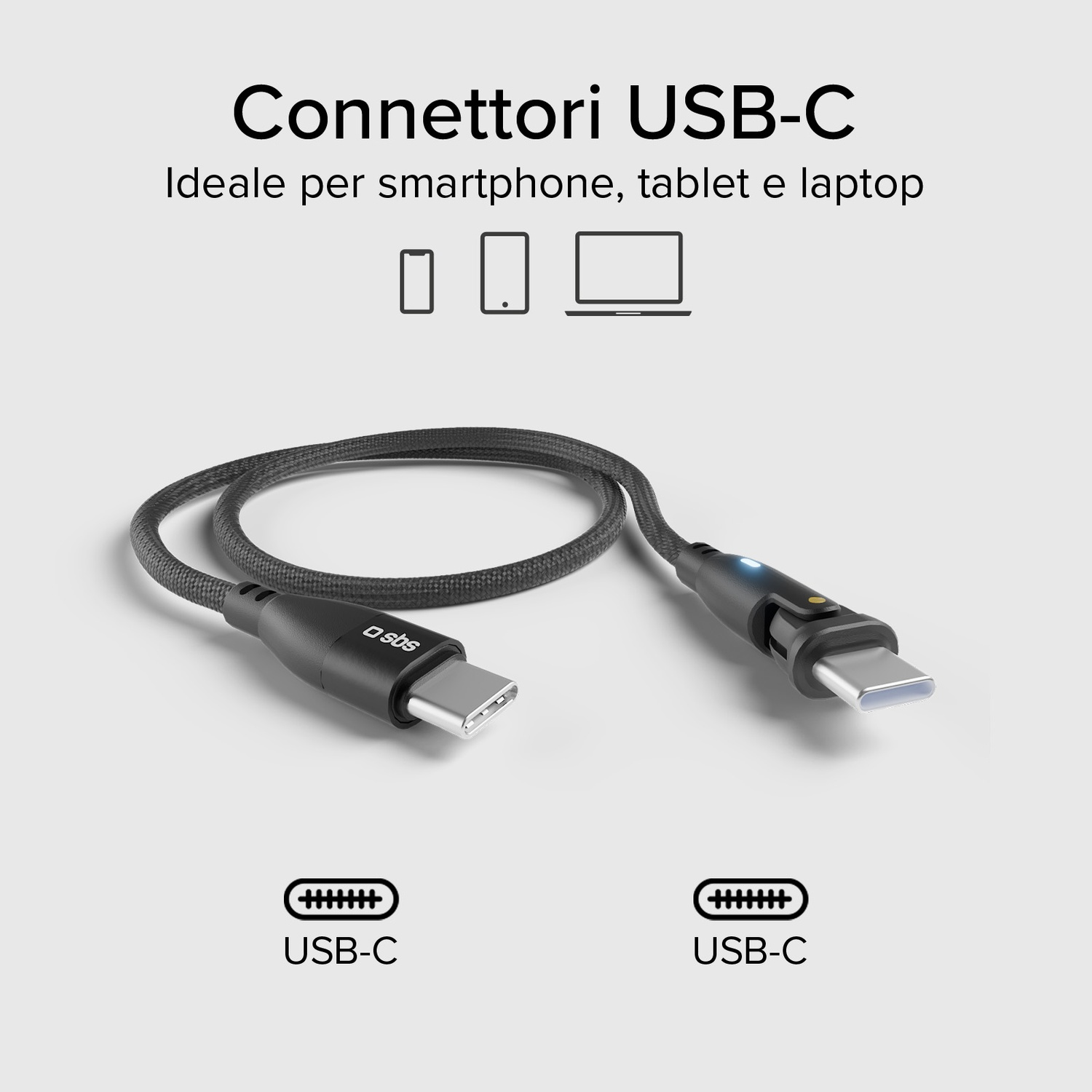 Cavo USB-C nero con connettori, il testo "USB-C" è sotto i connettori. Il testo dice "Connettori USB-C" e "Ideale per smartphone"