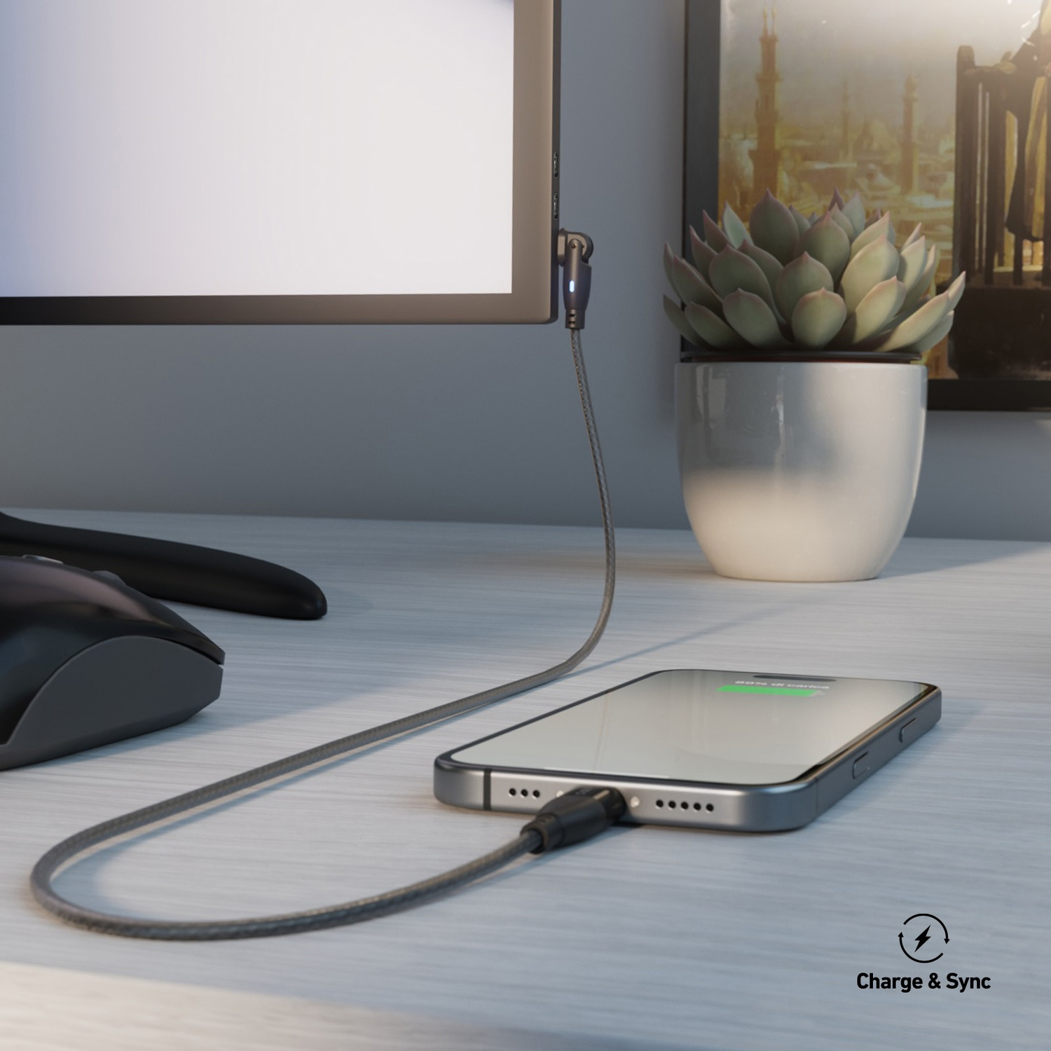 Un telefono si sta caricando con un cavo. Un monitor, un mouse e una pianta sono sullo sfondo su un tavolo di legno.