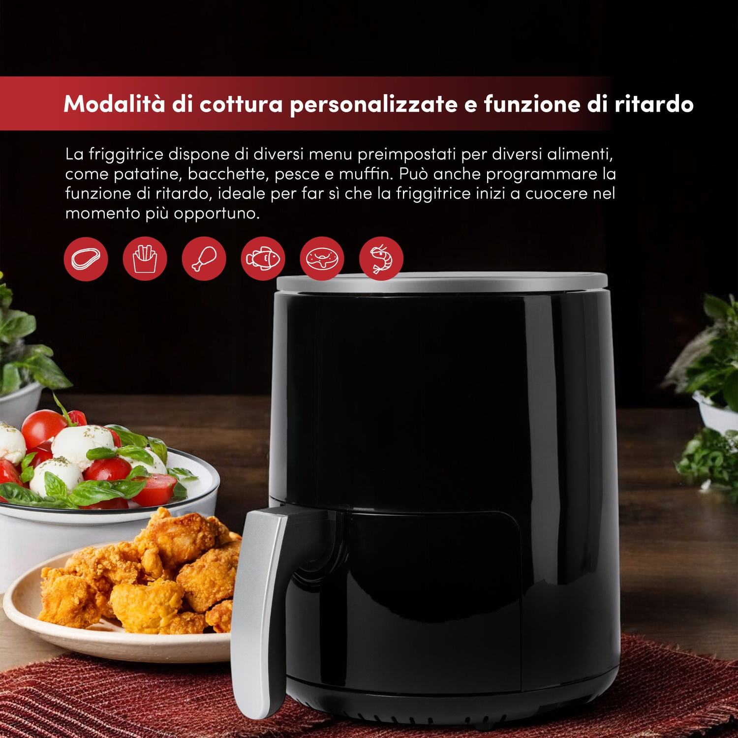 Friggitrice ad aria nera con manico, pollo fritto, insalata e testo in italiano.