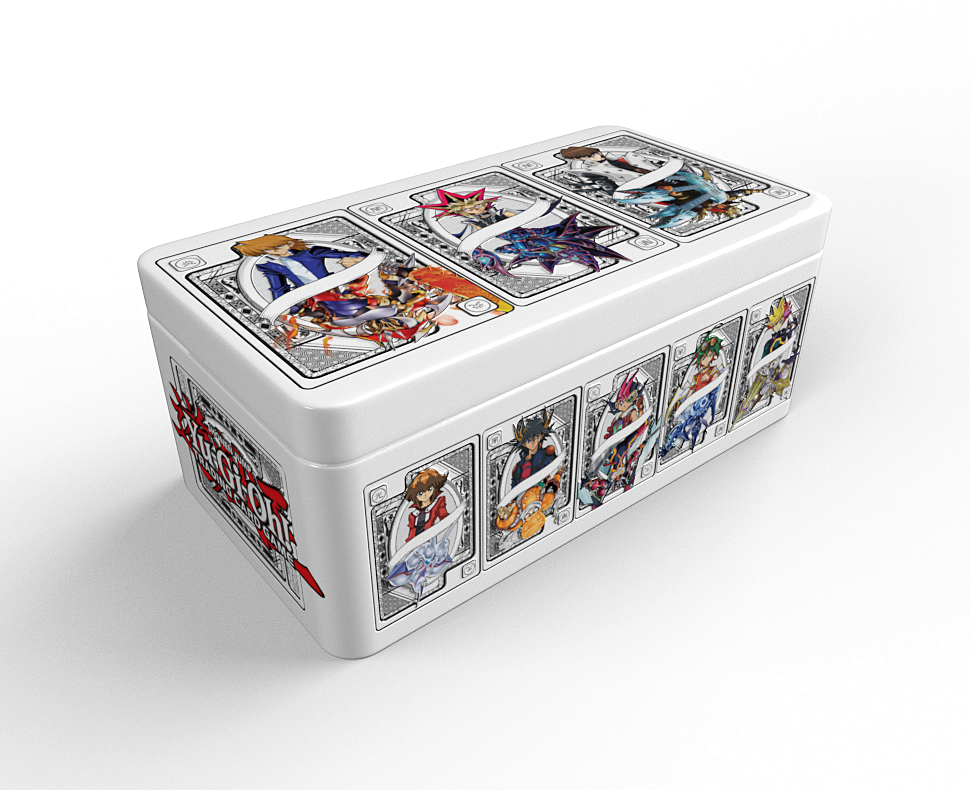 Weiße Yu-Gi-Oh!-Kartenaufbewahrungsbox. Sie hat Kartenillustrationen von Charakteren aus der Show, oben und an den Seiten.
