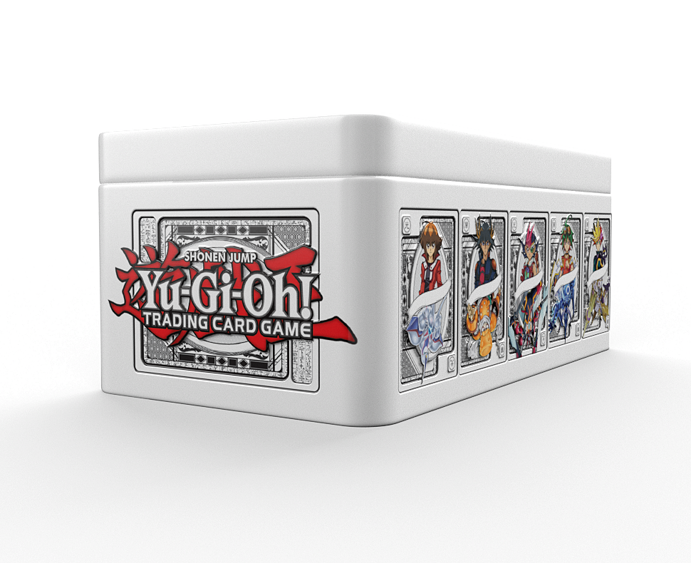 Eine weiße Yu-Gi-Oh!-Sammelkartenspielbox wird angezeigt. Sie hat das Logo und mehrere Charakterkarten an der Seite.