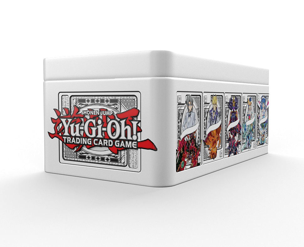 Eine weiße Yu-Gi-Oh!-Sammelkartenspielbox mit Logo. Die Box ist mit Kartenkunst verziert.