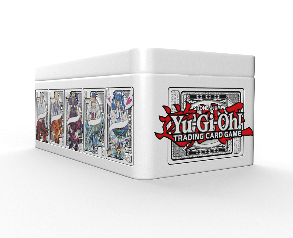 Weiße Yu-Gi-Oh!-Kartenbox mit Kartenillustrationen auf der Seite und Logo auf der Vorderseite. Der Hintergrund ist weiß.