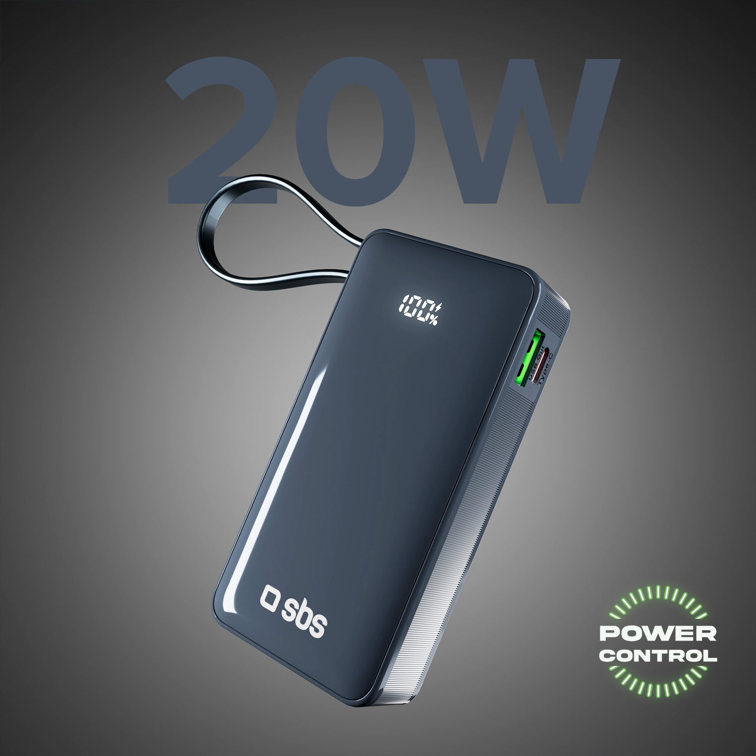 Power bank grigio scuro con anello. Display mostra 100%. Testo '20W' sopra e 'Power Control' sotto. Logo SBS sul lato.