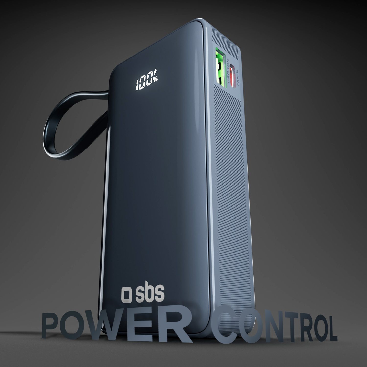 Un power bank grigio scuro con maniglia. Mostra il 100% di carica. Il testo 'POWER CONTROL' è sotto.