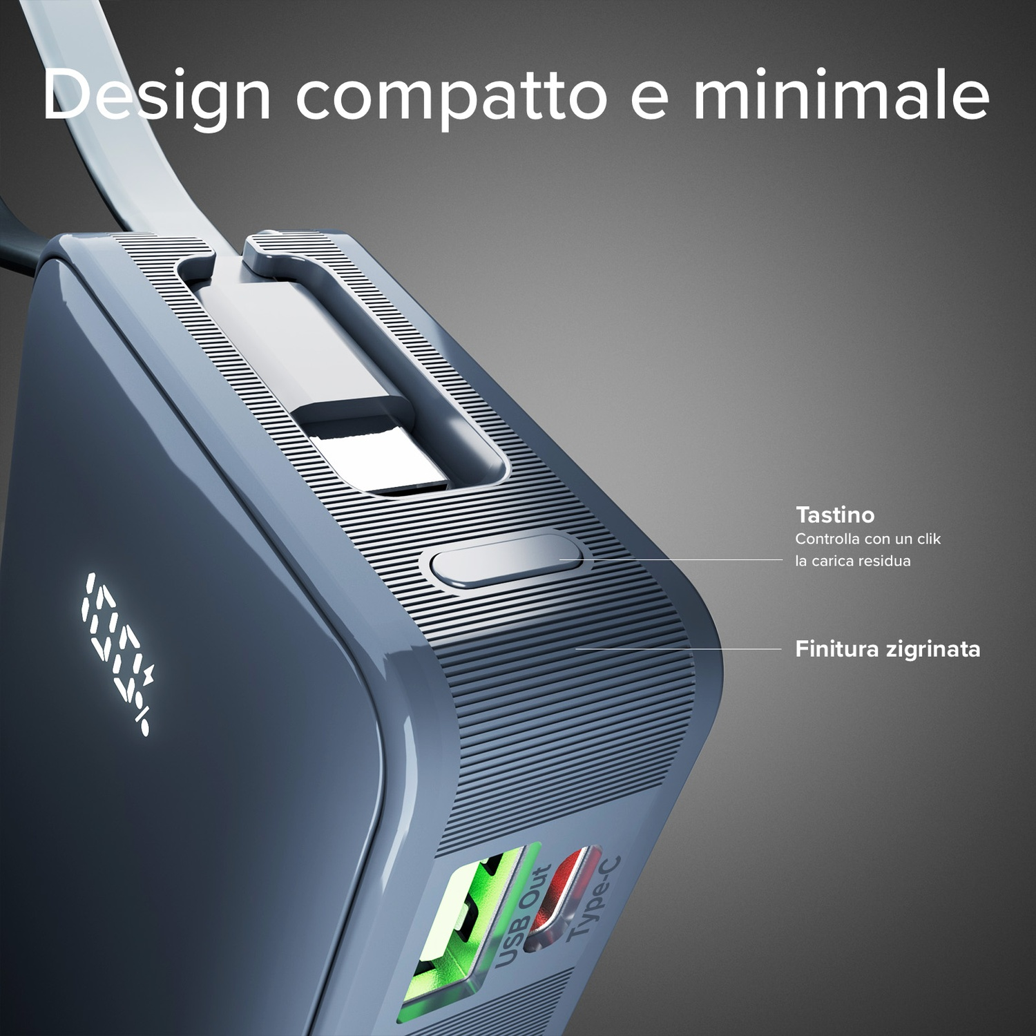 Primo piano di un power bank grigio. Ha un display digitale, porte USB e Type-C. Il testo indica pulsante e finitura strutturata.