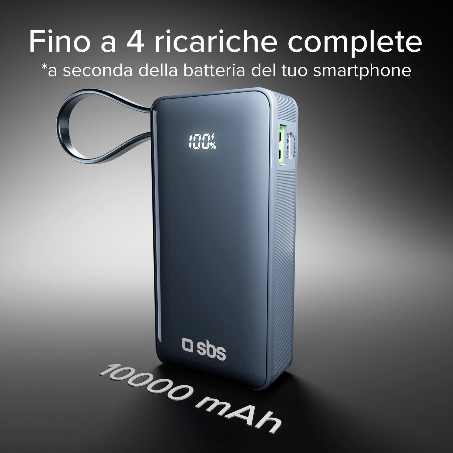 Power bank blu con anello, mostra il 100% di carica. Testo: 'Fino a 4 ricariche complete' e '10000 mAh'.