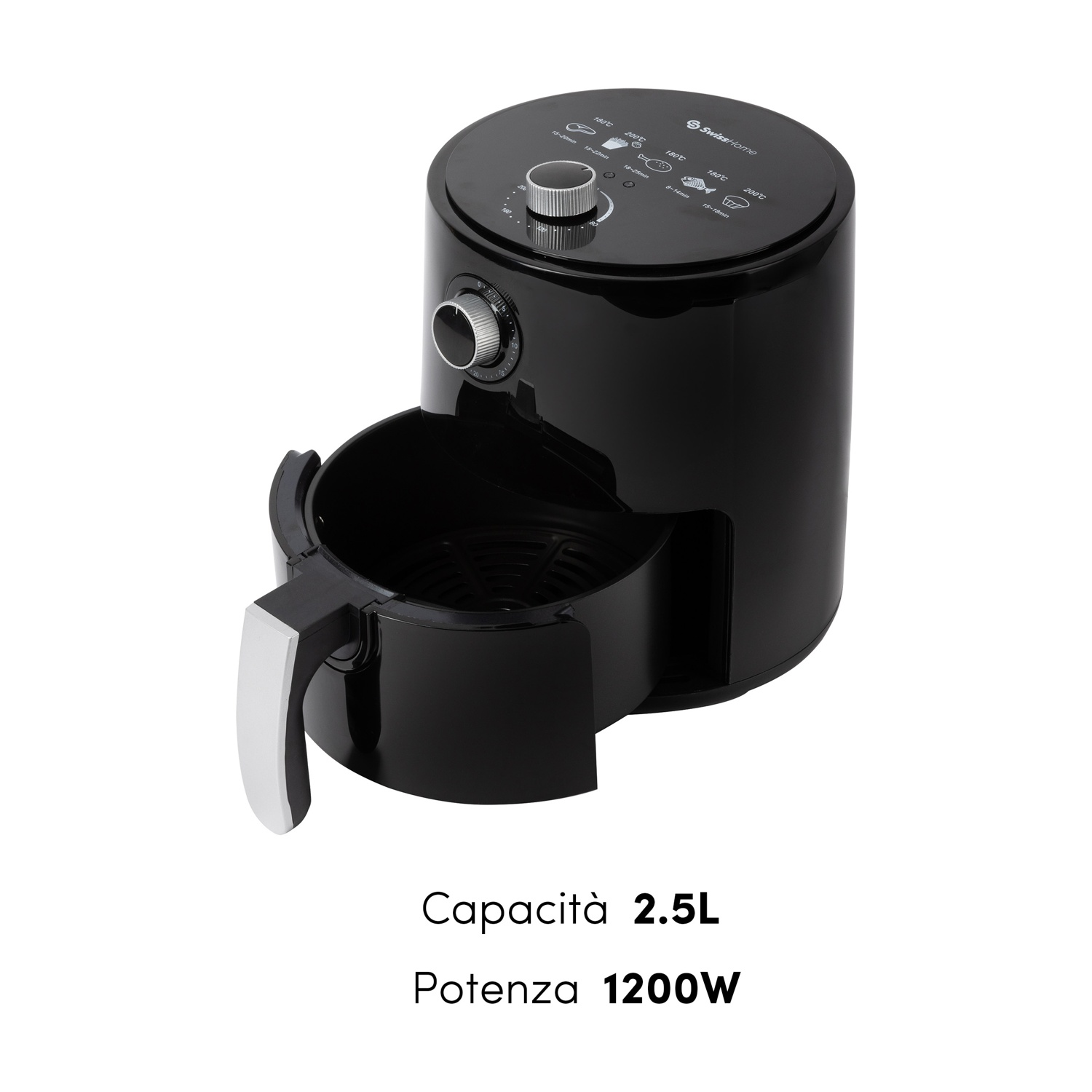Friggitrice ad aria nera con manico argentato. Ha una capacità di 2,5L e una potenza di 1200W. Lo sfondo è bianco.