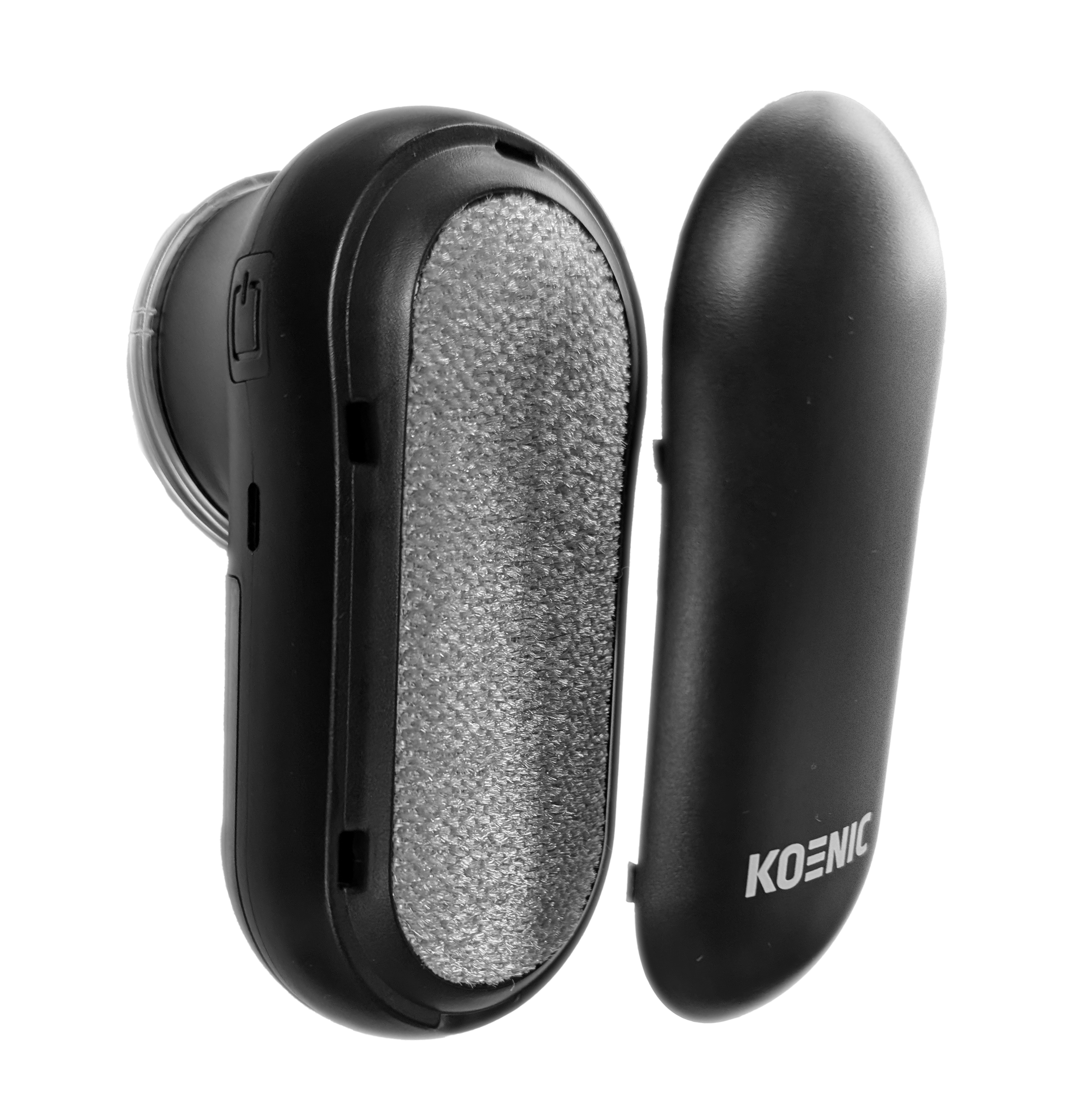 Czarna golarka do tkanin z otwartą pokrywą. Golarka ma srebrną głowicę z siatki, a marka to Koenic.