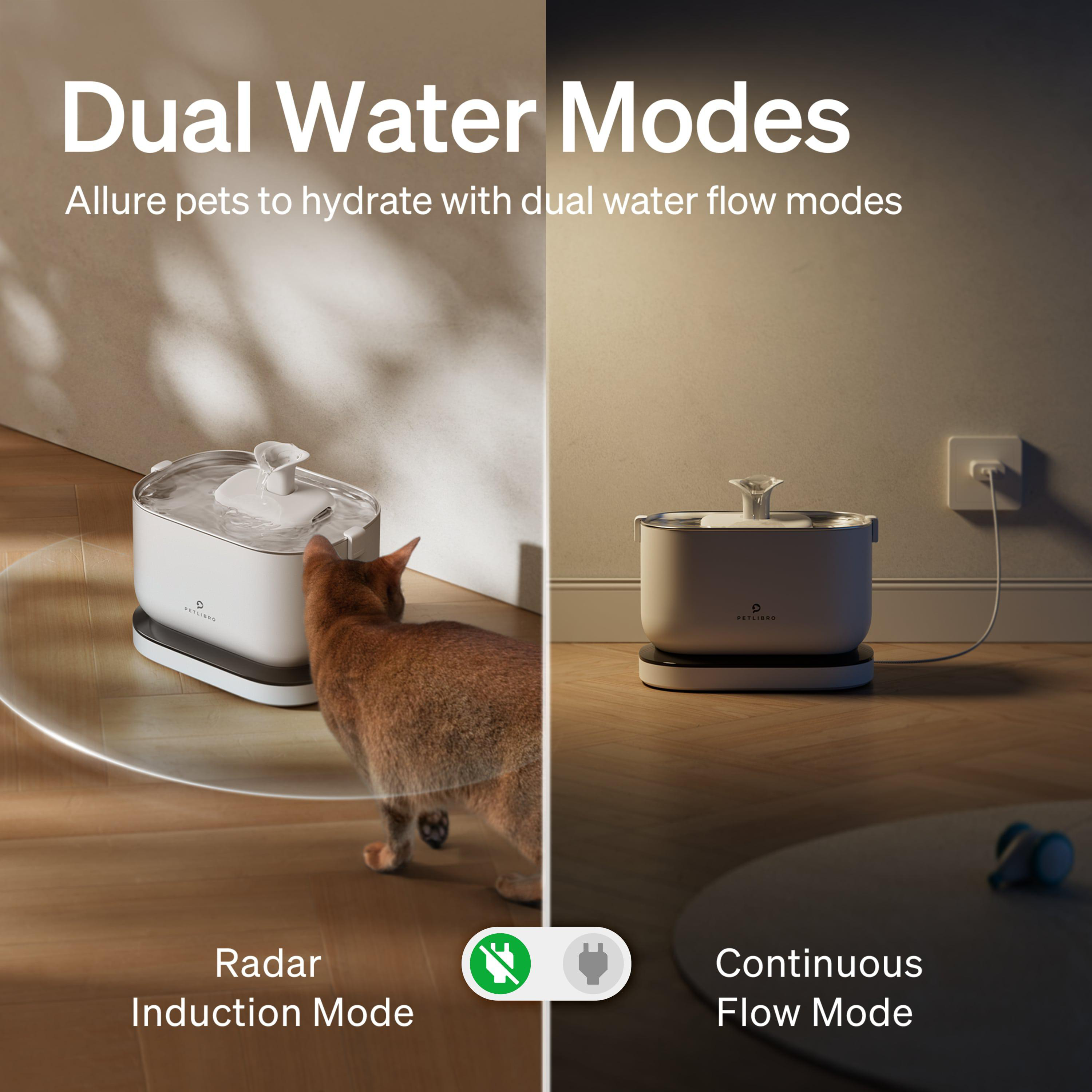 Das Bild zeigt zwei Wasserfontänen mit Dual-Modi. Eine Katze nähert sich einer. Der Text lautet 'Dual Water Modes'.