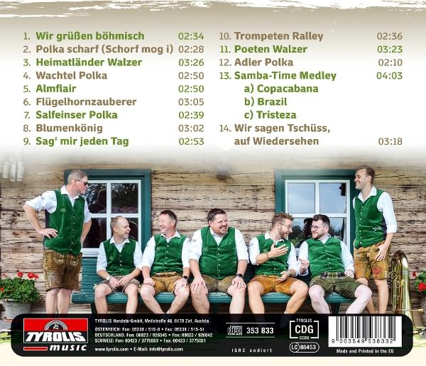 Eine Band in grünen Westen und braunen Shorts sitzt auf einer Bank. Ein Albumcover listet Songs und Dauer auf. Eine Tuba ist sichtbar.